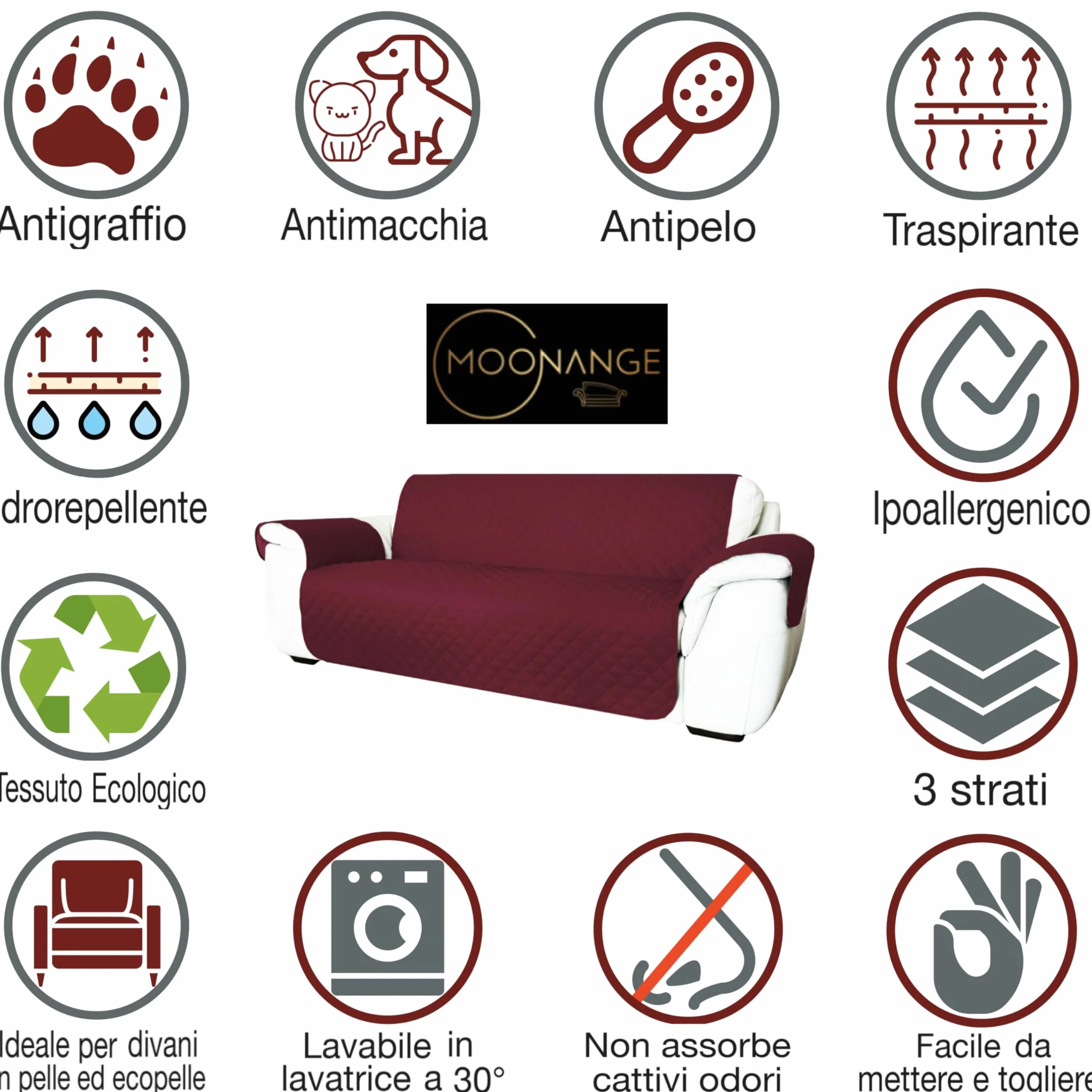 Moonange Copridivano 3 Posti con Braccioli Seduta 165 cm Impermeabile Reversibile Antiscivolo Antimacchia Antigraffio Antipelo Moderno Tortora