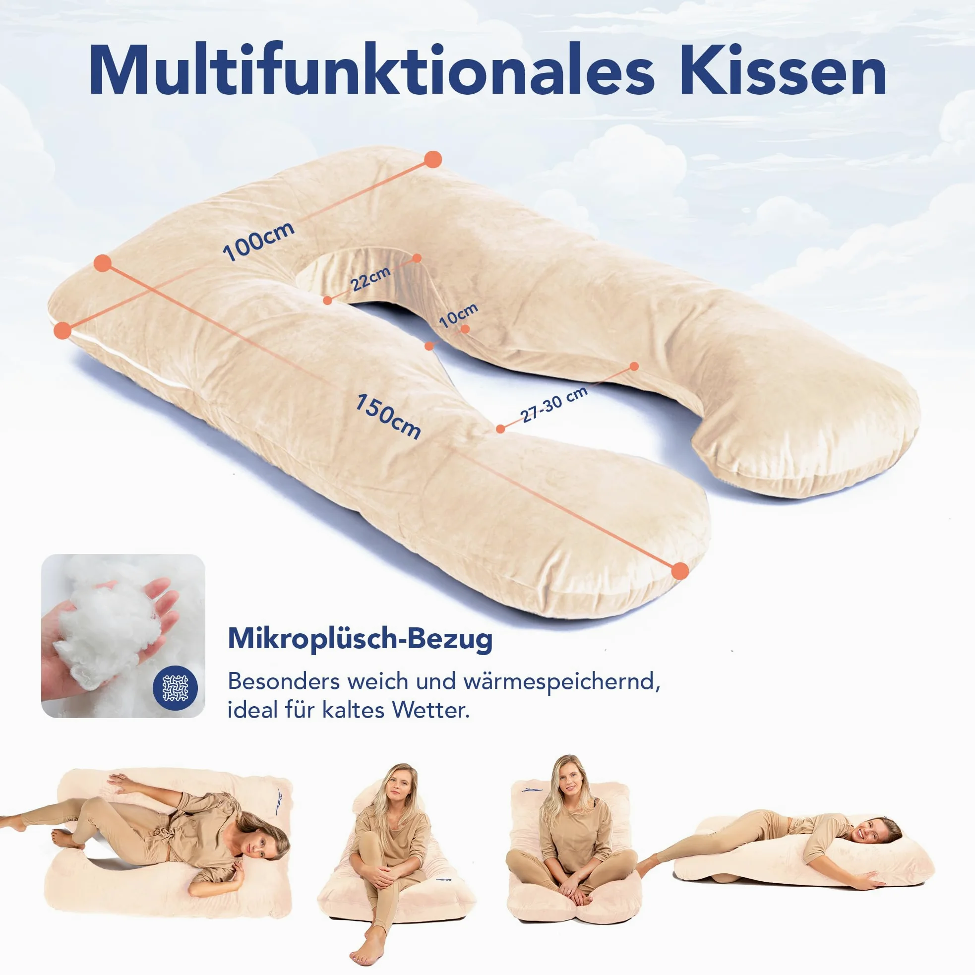 MKS Cuscino per chi dorme sul fianco con rivestimento, cuscino confortevole (100 x 150 cm), cuscino per dormire sul fianco, a forma di U, ergonomico, di alta qualità, con micropeluche (morbido), pesca
