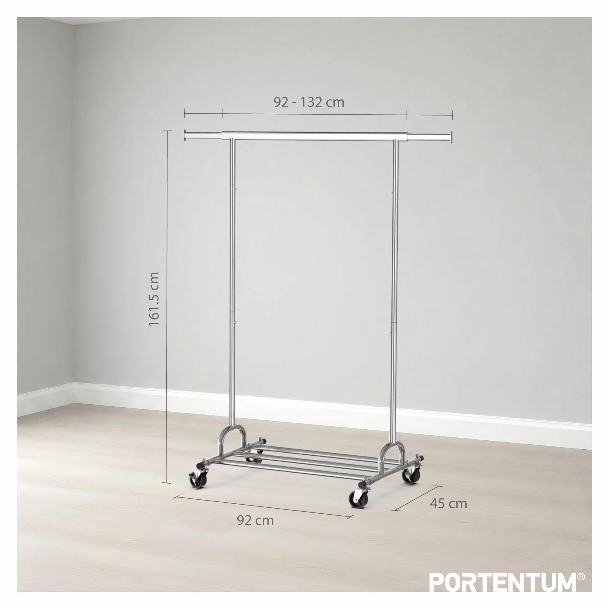 PORTENTUM Stand appendiabiti da terra robusto estensibile con ruote e freni – Fino a 180 kg – Porta abiti in acciaio 45 x (92-132) x 161,5 cm – Ripiano inferiore