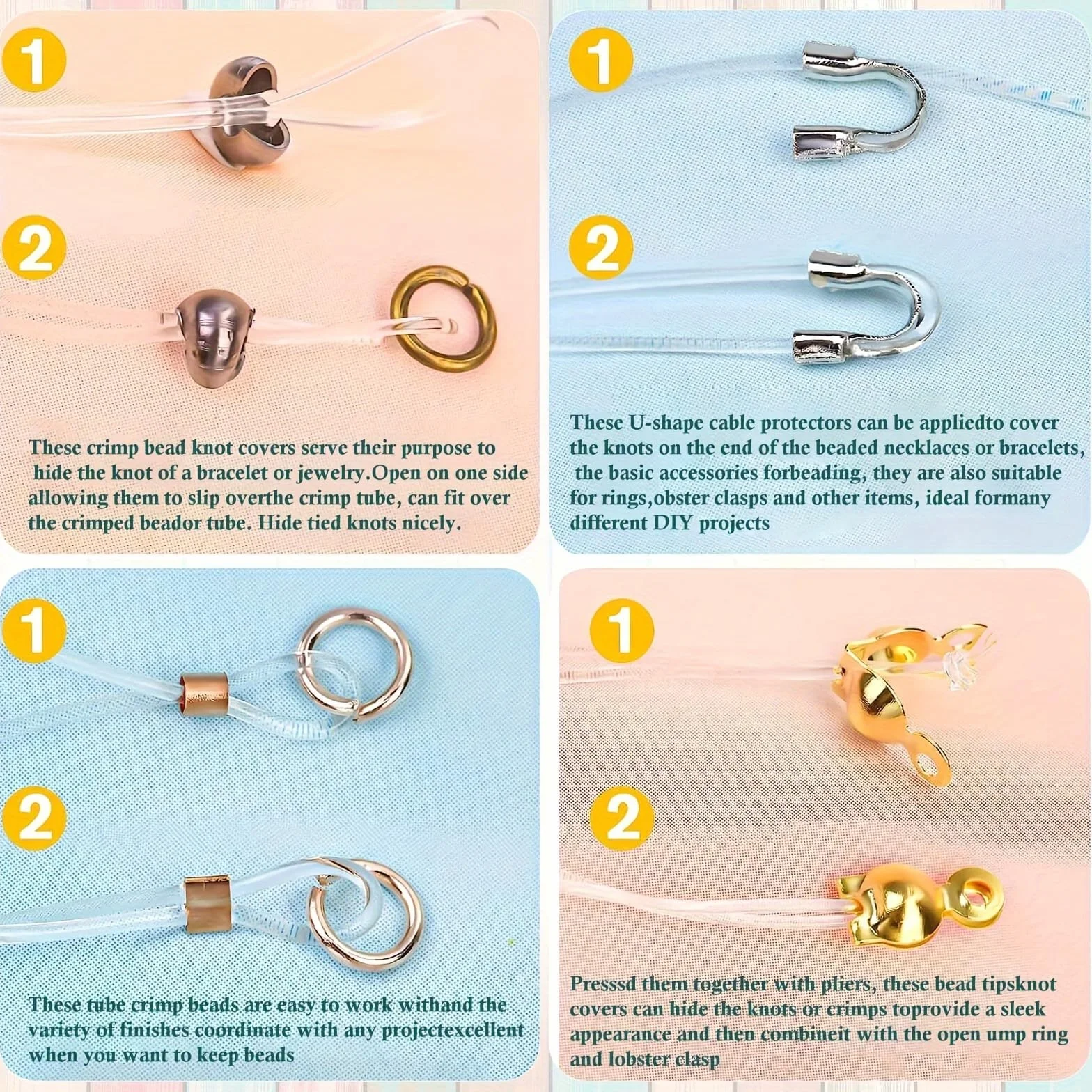 Bikasunchiusura per bracciale, 2160 pezzi, set di chiusura per braccialetto, Chiusura a catena, chiusura con aragosta, perline crimp, perline schiacciate (oro, argento, oro rosa, nero)