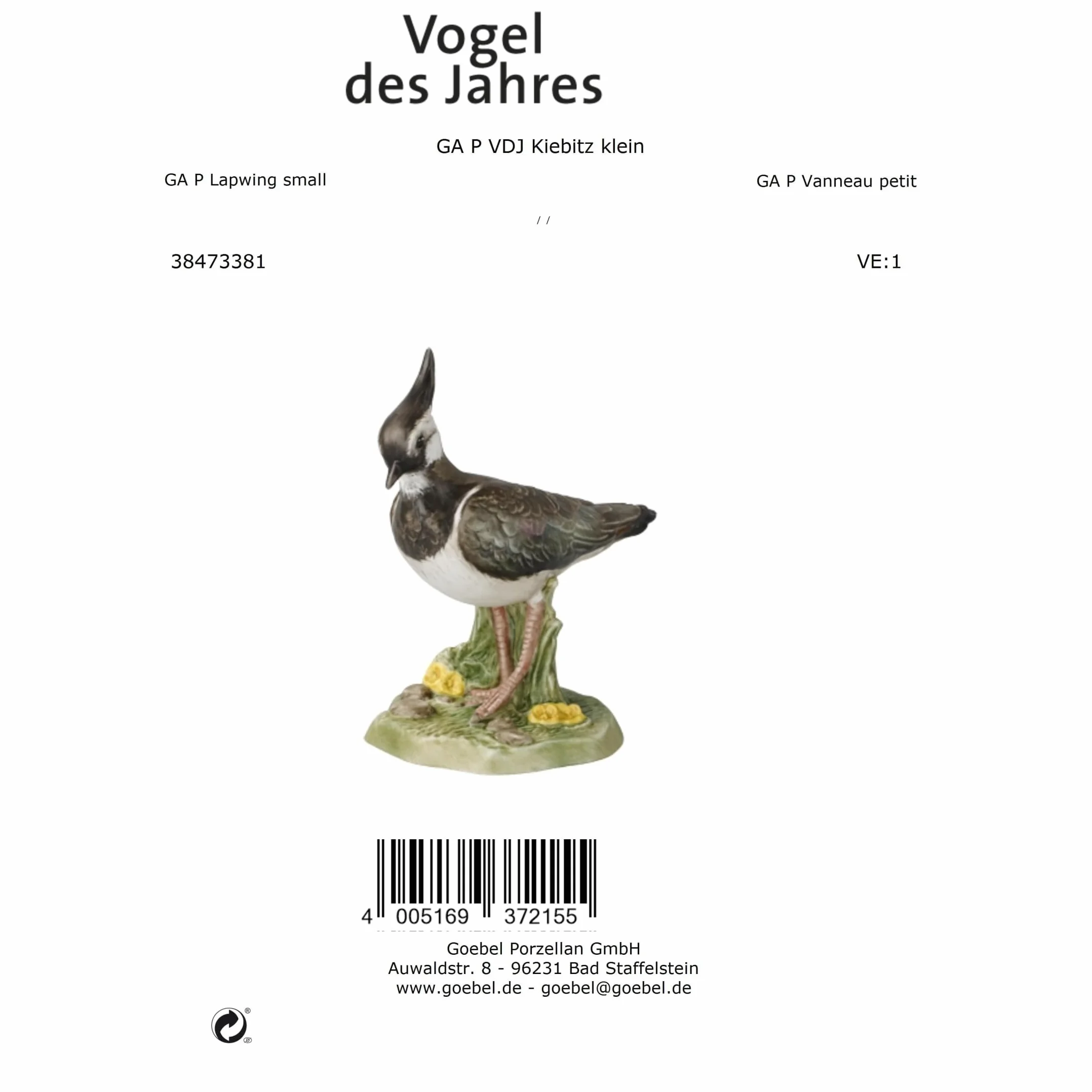 Goebel Uccello dell'anno 2024 statuetta piccola Kiebitz