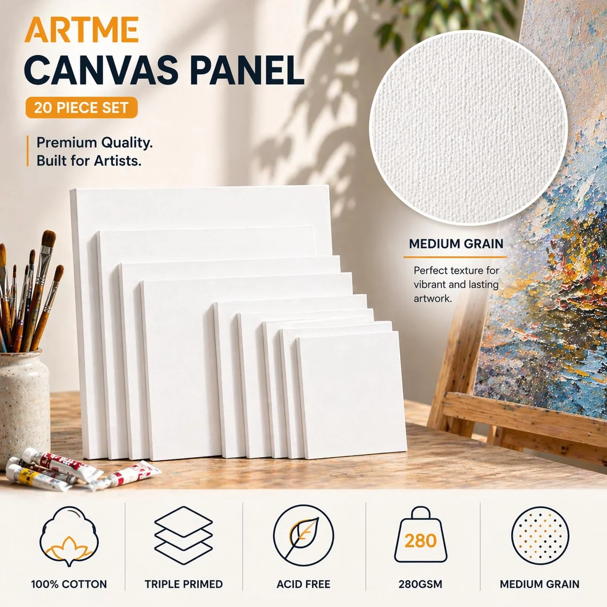 Artme Pannelli in Tela 20pz - 15x20,20x20,30x30,24x30,30x40cm Formati Assortiti Bianca per Pittura - 3mm 280GSM/ 100% cotone/Triplo con innesto/Senza acidi/Grana media /- Acrilico/Olio