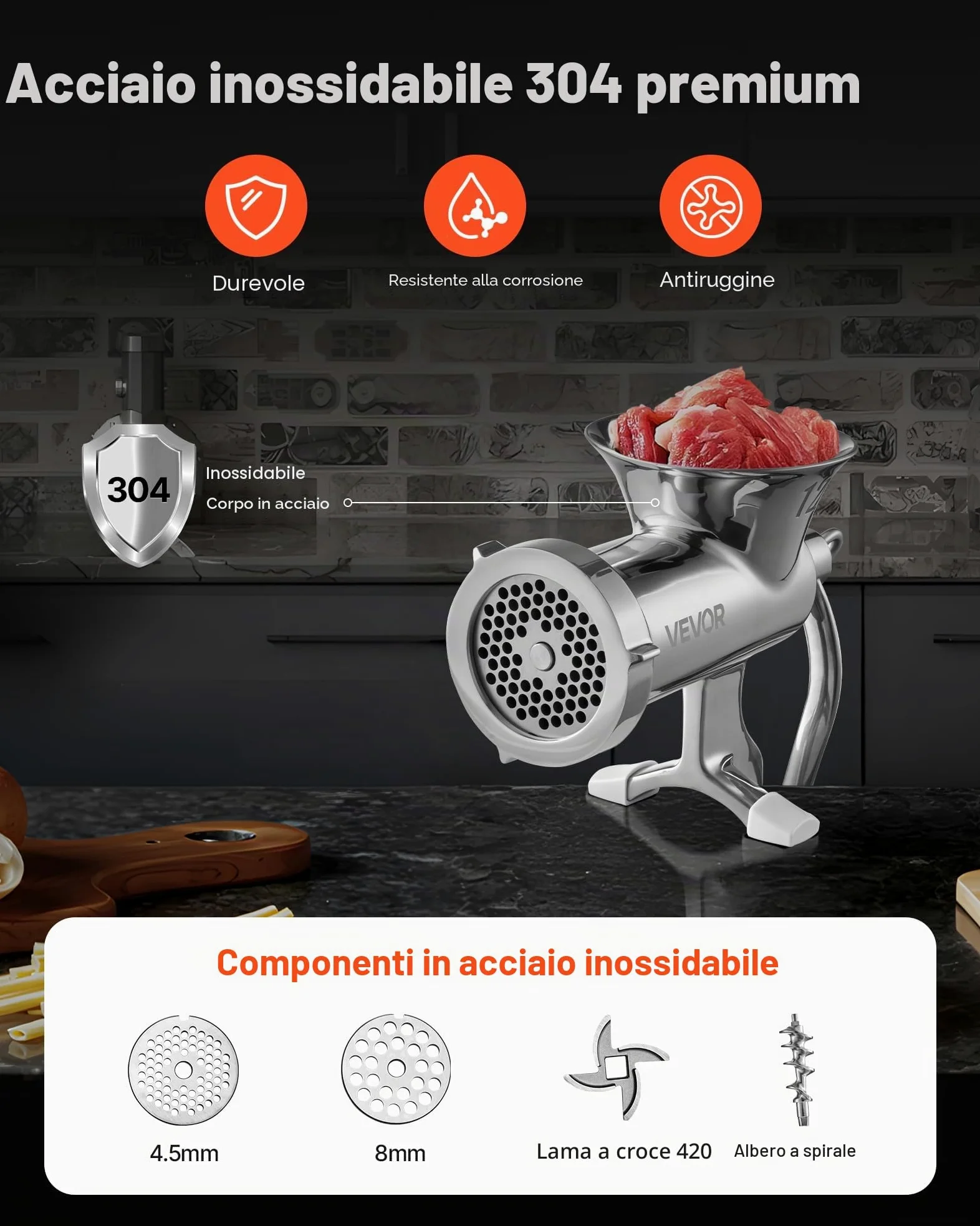 VEVOR Tritacarne Manuale in Acciaio Inossidabile 304 Fissaggio a Morsetto da Tavolo per Preparazione di Salsicce Salumi Polpette, Tritacarne Manuale da Tavolo Acciaio Inox Uso Alimentare Calibro #12