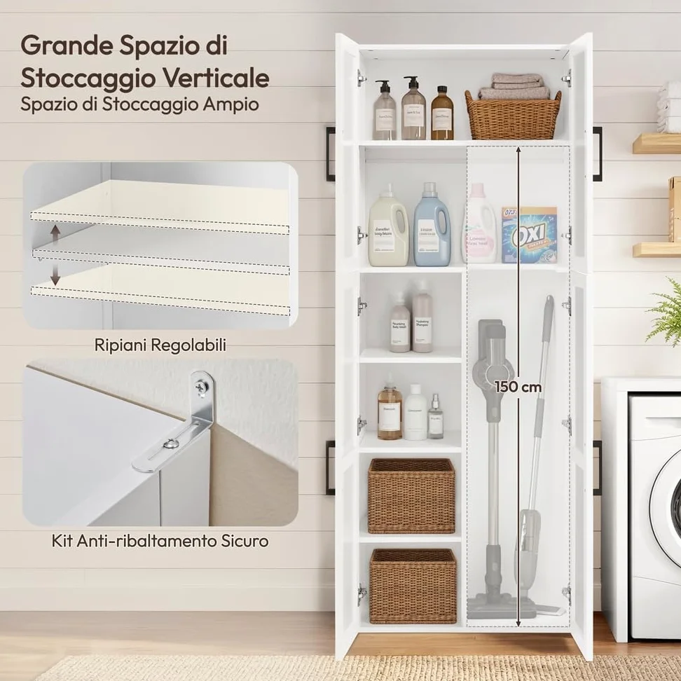 Yaheetech Armadio per Scope Alto 175,5 cm Armadio Multiuso a 4 Ante Scomparto per la Dispensa Profondo 37,5 cm Mobiletto Contenitivo Slanciato con Vano per l'Aspirapolvere Bianco