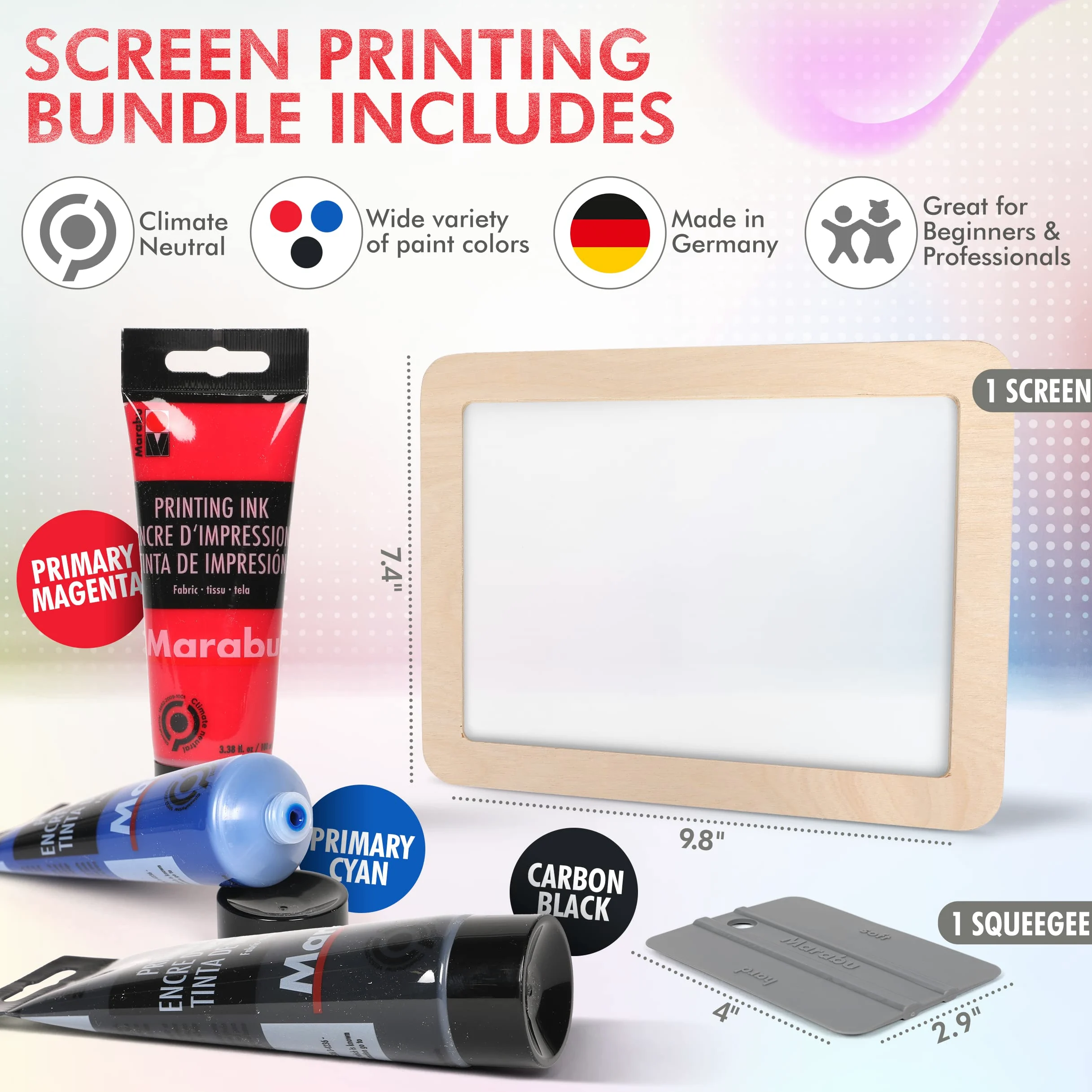 Marabu Kit per Serigrafia Con Cornice in Legno Riutilizzabile, Spatola e 3 Inchiostri da 100 ml - per Principianti