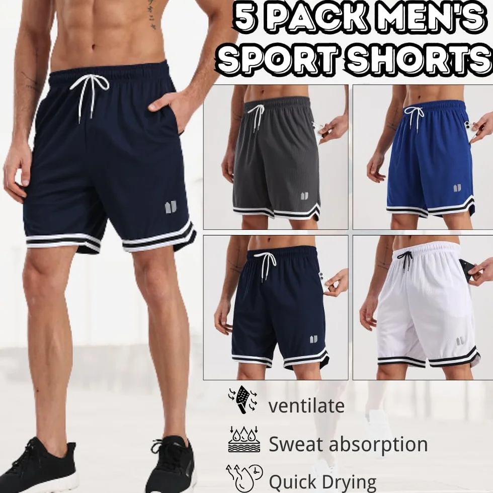 Pantaloncini sportivi da uomo asciugatura rapida 5 pezzi con tasche vita elastica
