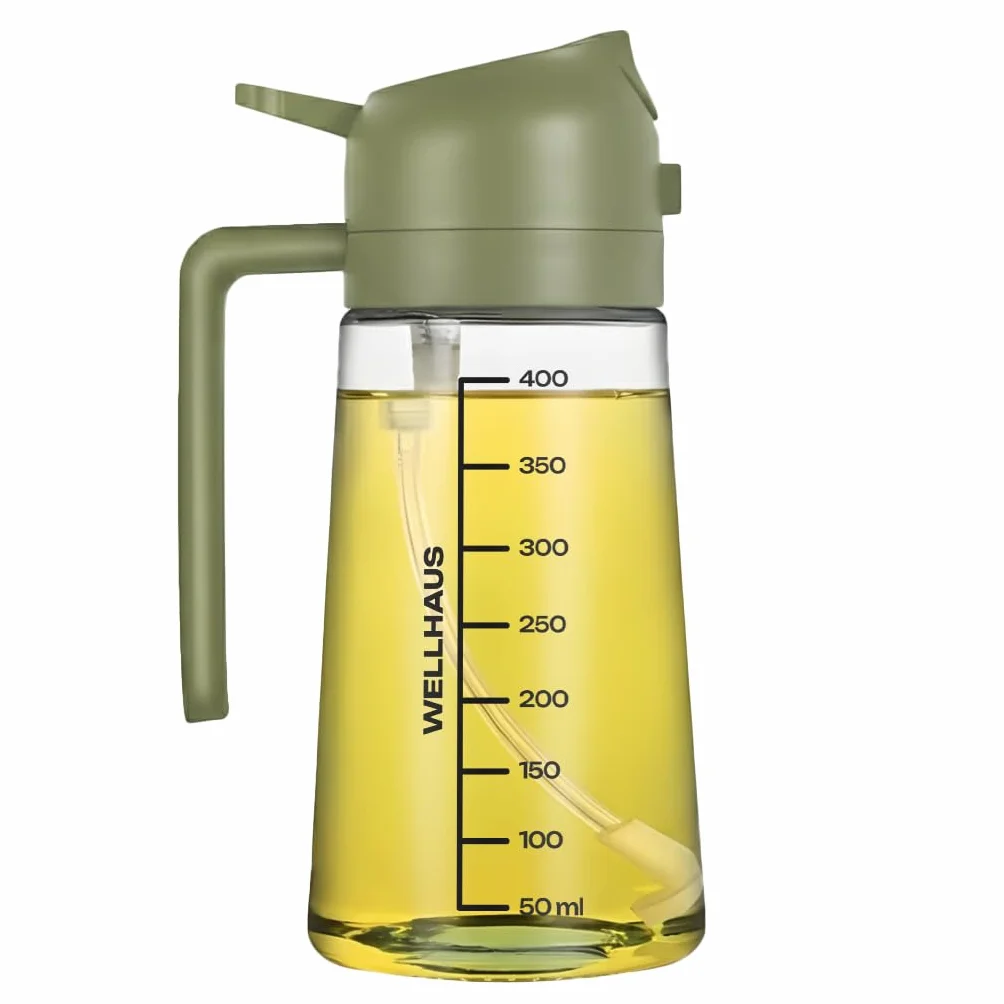 Dispenser per olio d'oliva & spray per olio 2in1 – 470 ml, flacone in vetro con protezione UV, a tenuta di luce, erogatore per olio & spray per olio per friggitrice ad aria, cucina, cottura