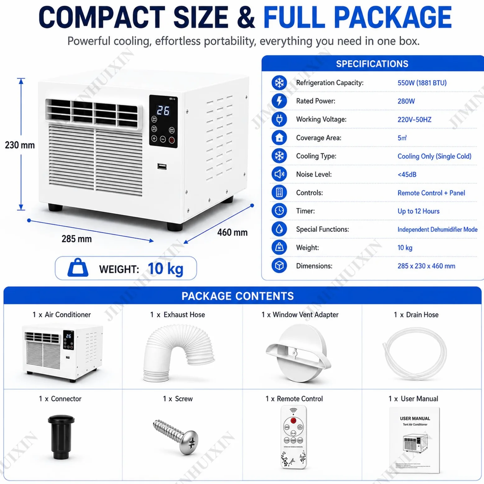 Climatizzatore per Camper Portatile 280W 1881 BTU Condizionatore, Silenzioso 45dB con Vero Compressore, senza Unità Esterna, Deumidificatore, per Tenda, Campeggio, Camper, Roulotte, Ufficio