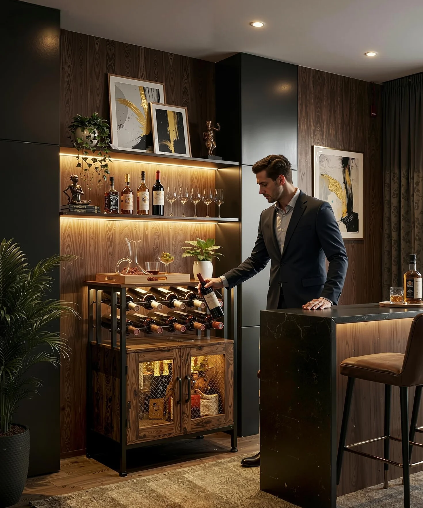Yorbay Mobili Portabottiglie con Luci LED: Mobile Bar Autoportante con Anta a Griglia per 10 Bottiglie e 6 Bicchieri - Scaffale per Vini in Stile Industriale per Cucina Soggiorno Sala da Pranzo