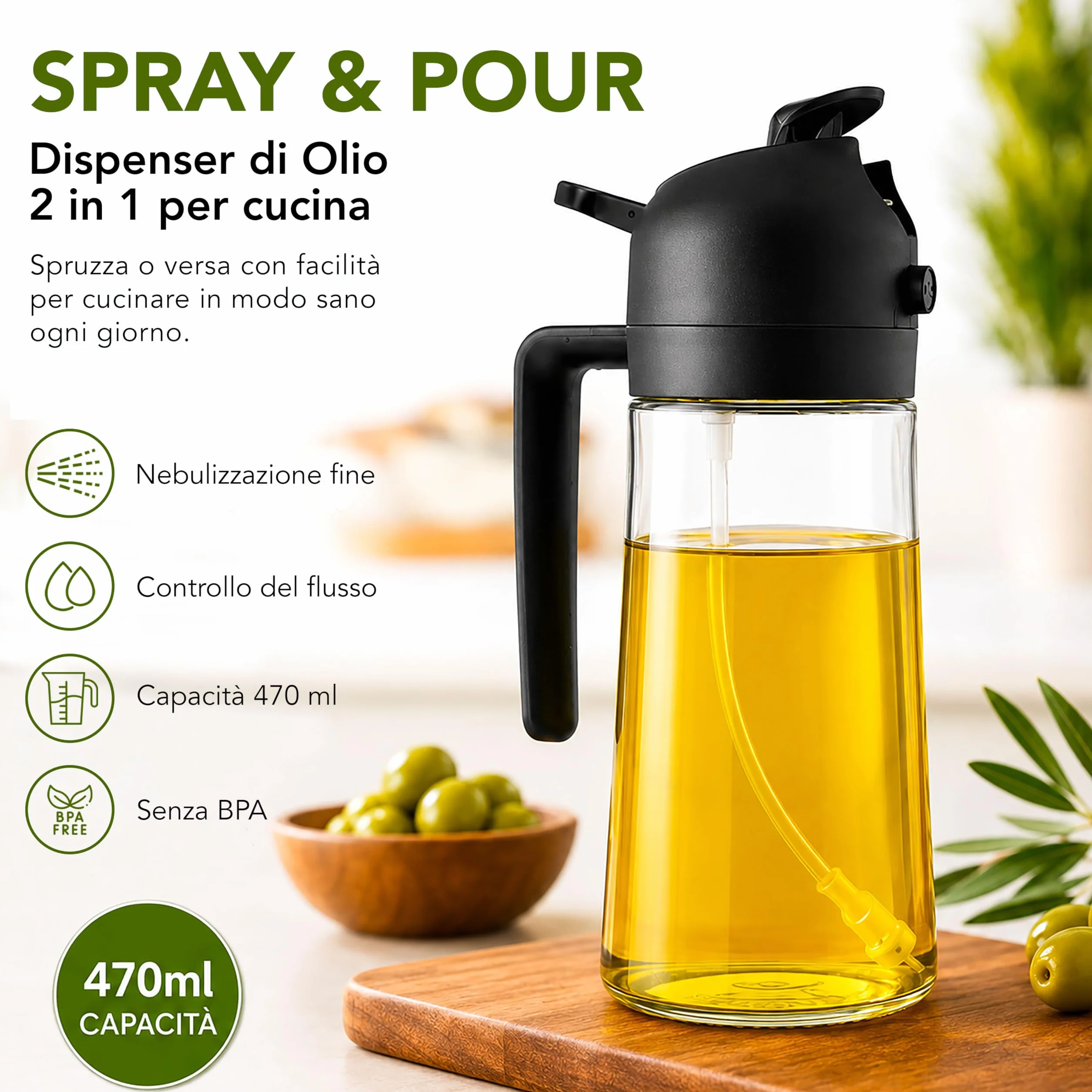 Spruzzino Olio per Friggitrice ad Aria 470 ml, Dispenser Olio 2 in 1 Spray e Versamento, Oliera Spray in Vetro