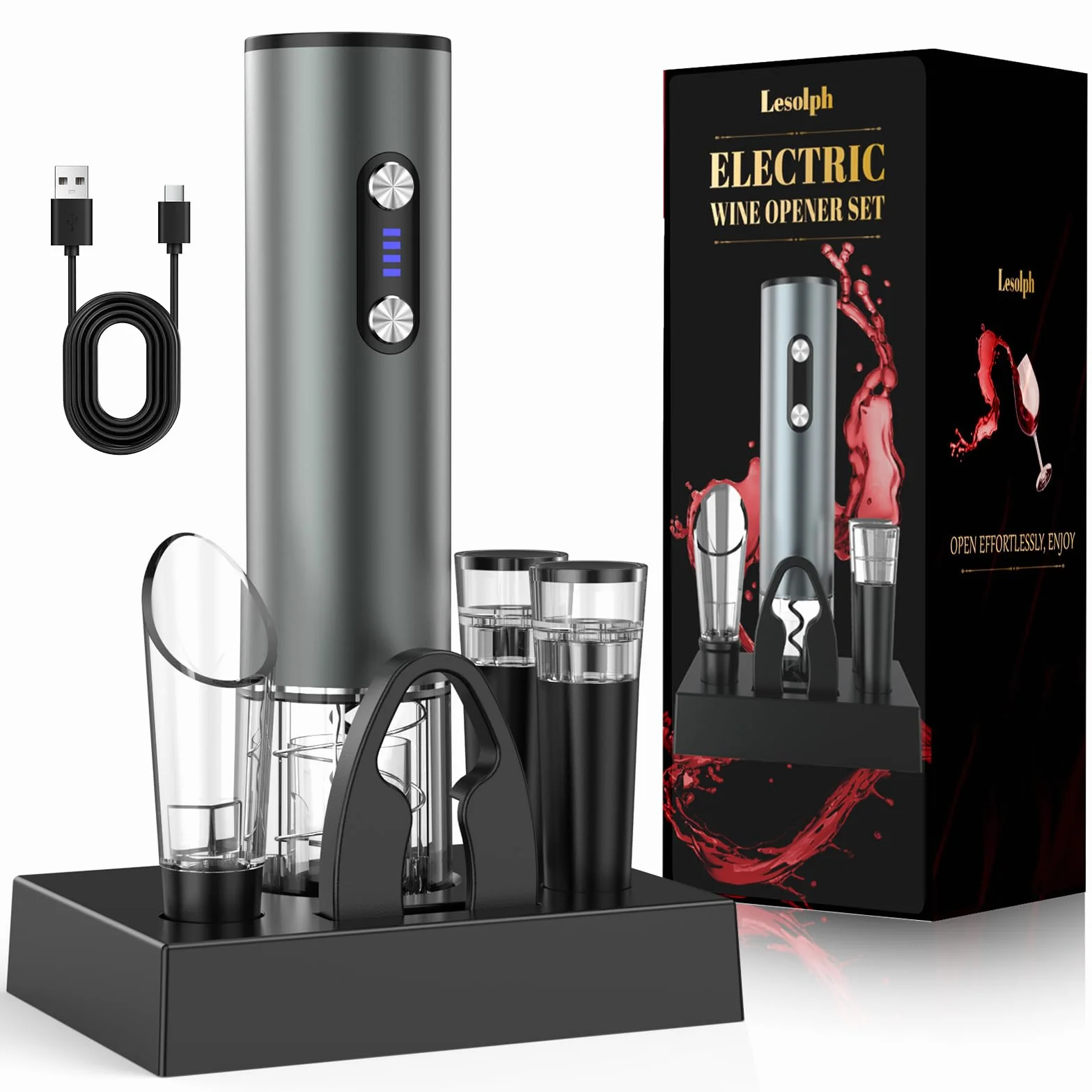 Cavatappi elettrico ricaricabile inox apribottiglie con aeratore vino 2 tappi sottovuoto taglierina alluminio USB