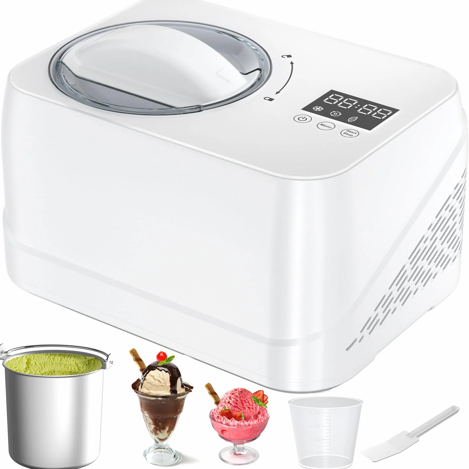 Gelatiera con Compressore 1L, Autorefrigerante Gelatiera per Gelato Professionale, Macchine Gelato con Ciotola Estraibile in Alluminio/Spatola/Tazze Graduate