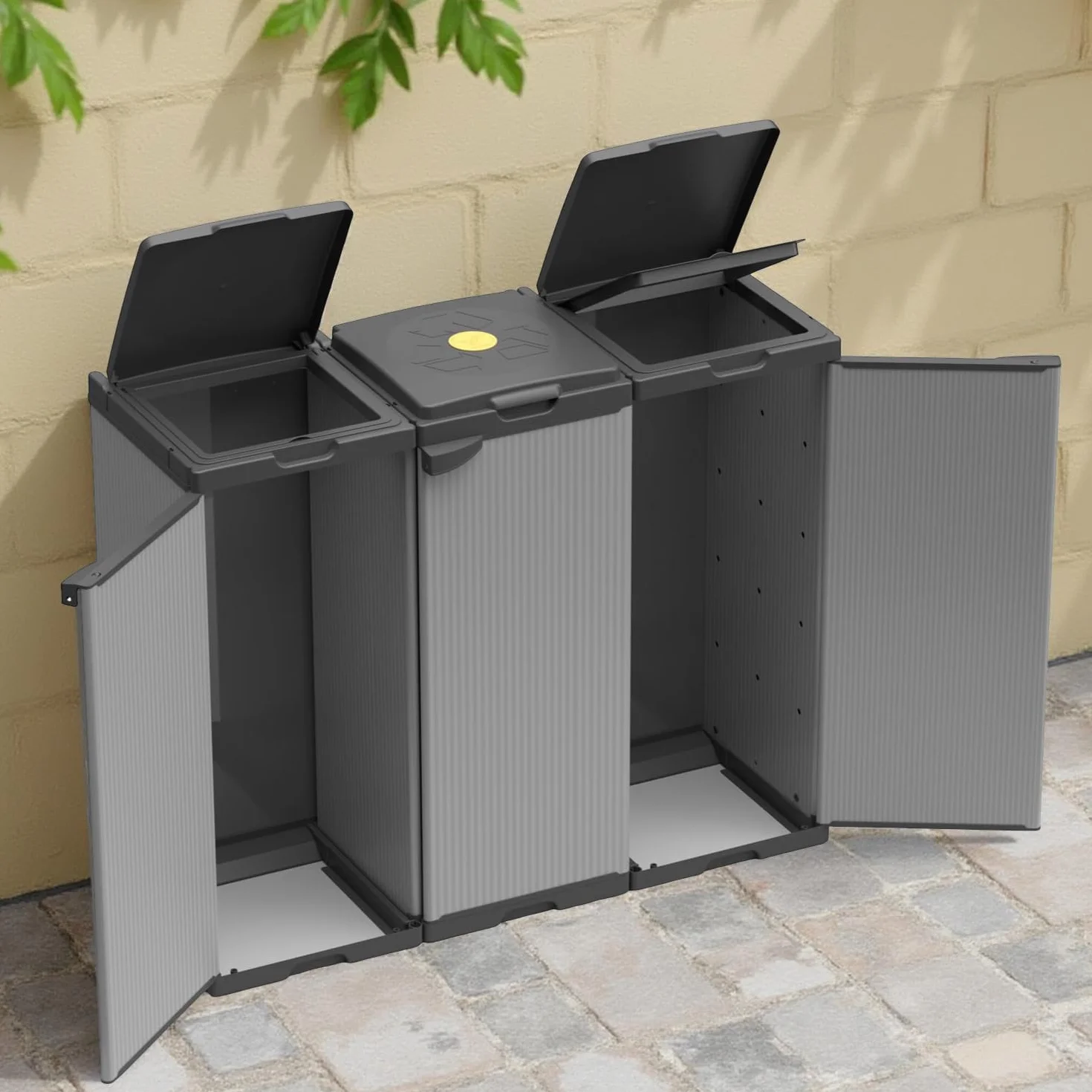 Armadietto Pattumiera Tris 240 Lt da Esterno 3 Ante 3 Vani,102x38x87h cm Coperchi Ferma Sacco – Raccolta Differenziata, Montaggio Senza Viti, Resistente – Made in Italy