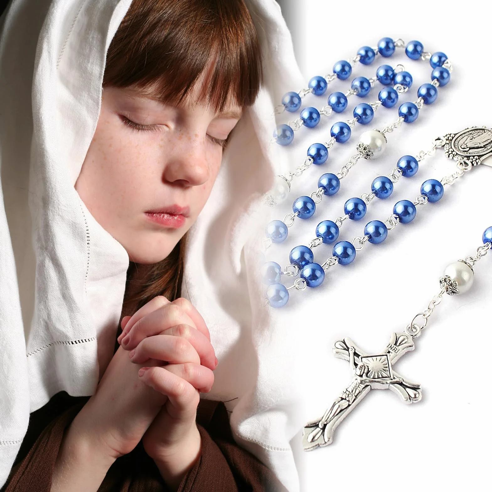 Rosario cattolico con grani di Vetro da 6 mm e grani del Padre Nostro da 8 mm, Collana con Scatola Regalo in Metallo, Rosario Blu per Prima Comunione e Personalizzato