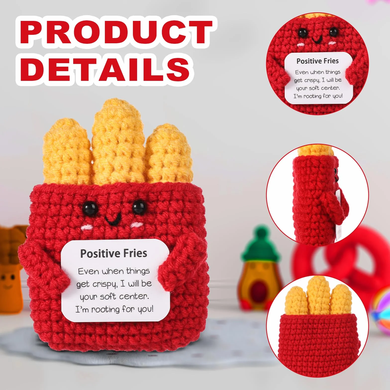 Mini Patatine Fritte Positive, 9cm Patatine Fritte a Maglia di Sostegno Emotivo Giocattolo Peluche Positivo con Carta Creativa Bambola all'Uncinetto Regalo di Incoraggiamento per Bambini Amici
