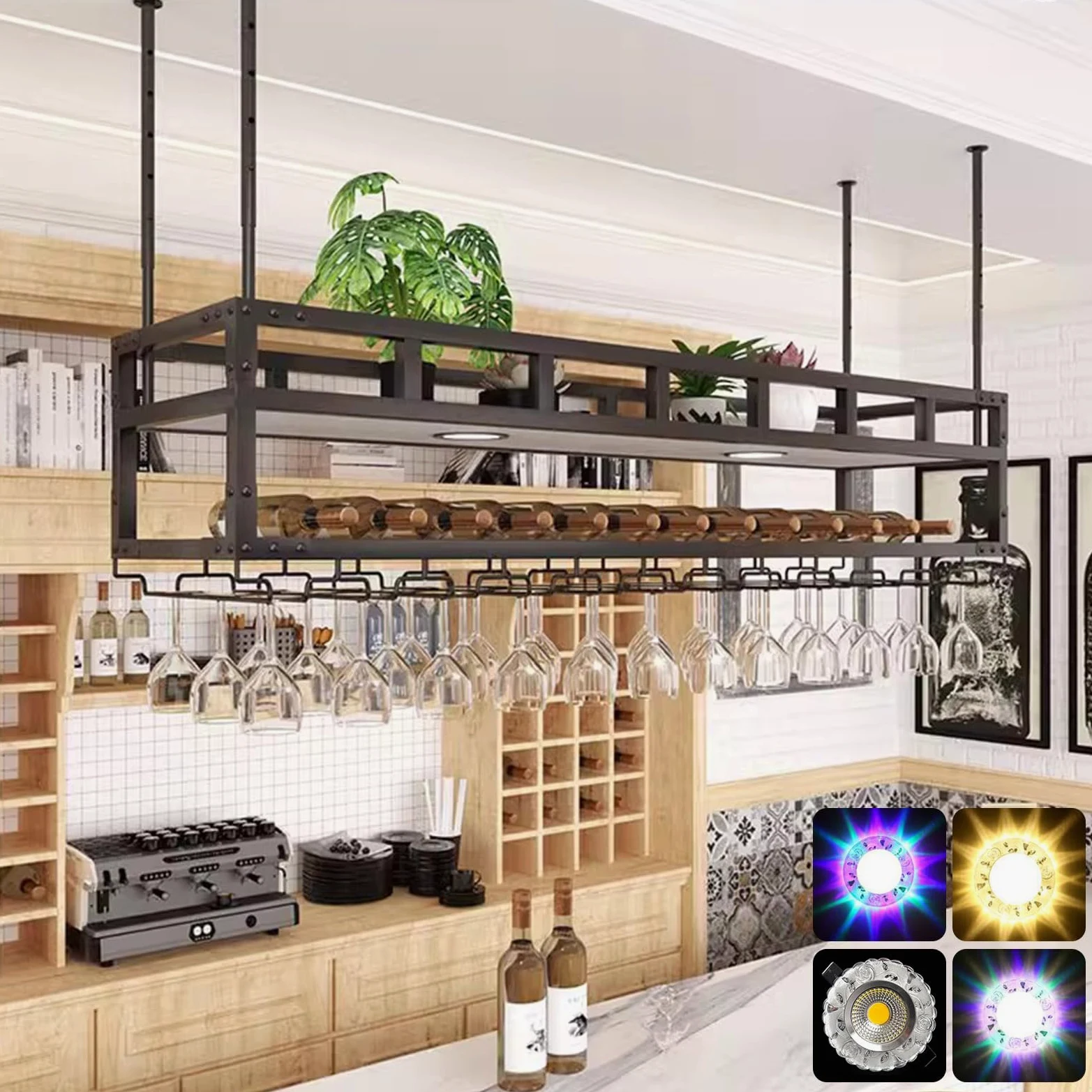 Portabottiglie da soffitto retrò a 2 strati, mensola per vino in metallo con luci al neon a 3 colori, altezza e larghezza regolabili, portabottiglie di champagne, portabottiglie rustico da appendere,