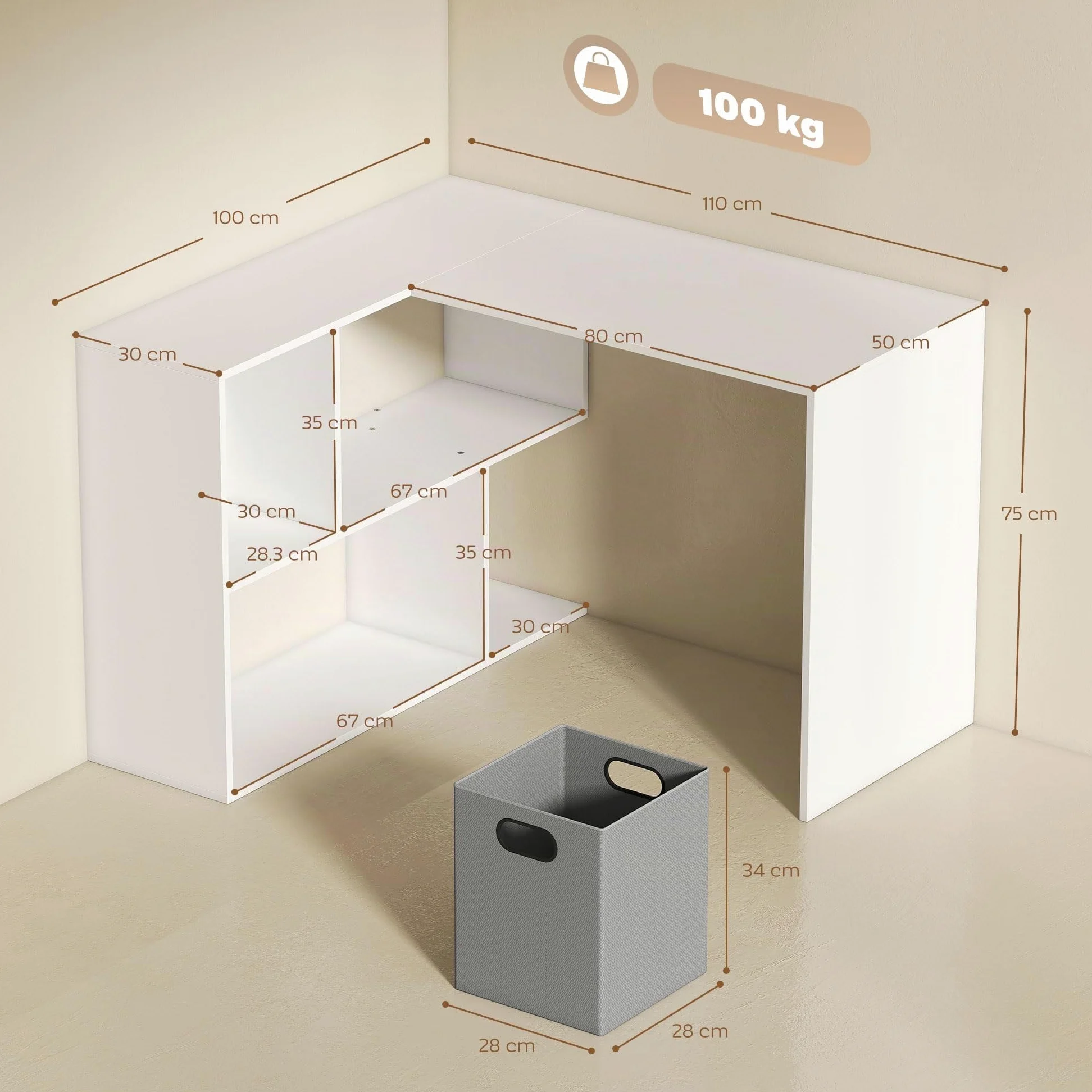 HOMCOM Scrivania Angolare per Computer 110x100 cm con Scaffale Bianco | Scrivania a L, Cassetto in Tessuto, Tavolo per PC, per Ufficio Studio e Camera da Letto, ad Angolo