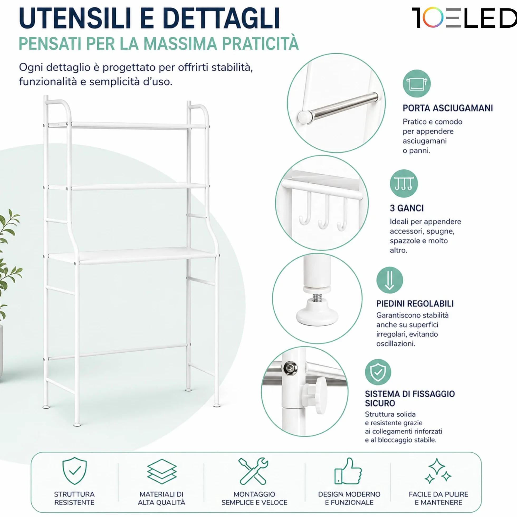 Stabile Mobile Lavatrice Salvaspazio 3 Ripiani Scaffale Organizer Bagno Lavanderia Acciaio con Ganci Laterali Piedini Regolabili