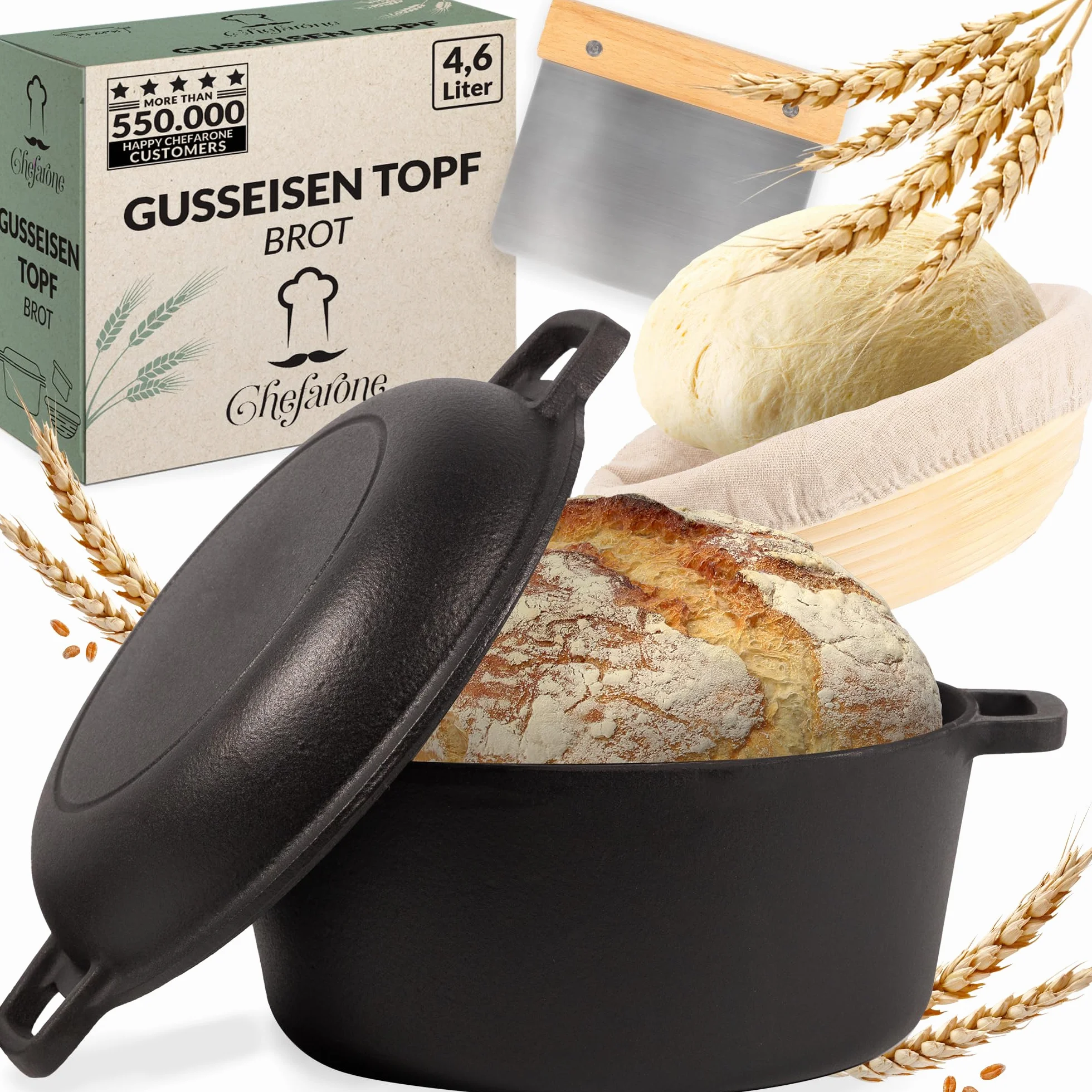 Chefarone Pentola in Ghisa 26 cm 4,6 l con Cestino per Lievitazione e Spatola – Pentola per Pane con Coperchio, Induzione e Forno – Multiuso per Cuocere, Arrostire, Brasare