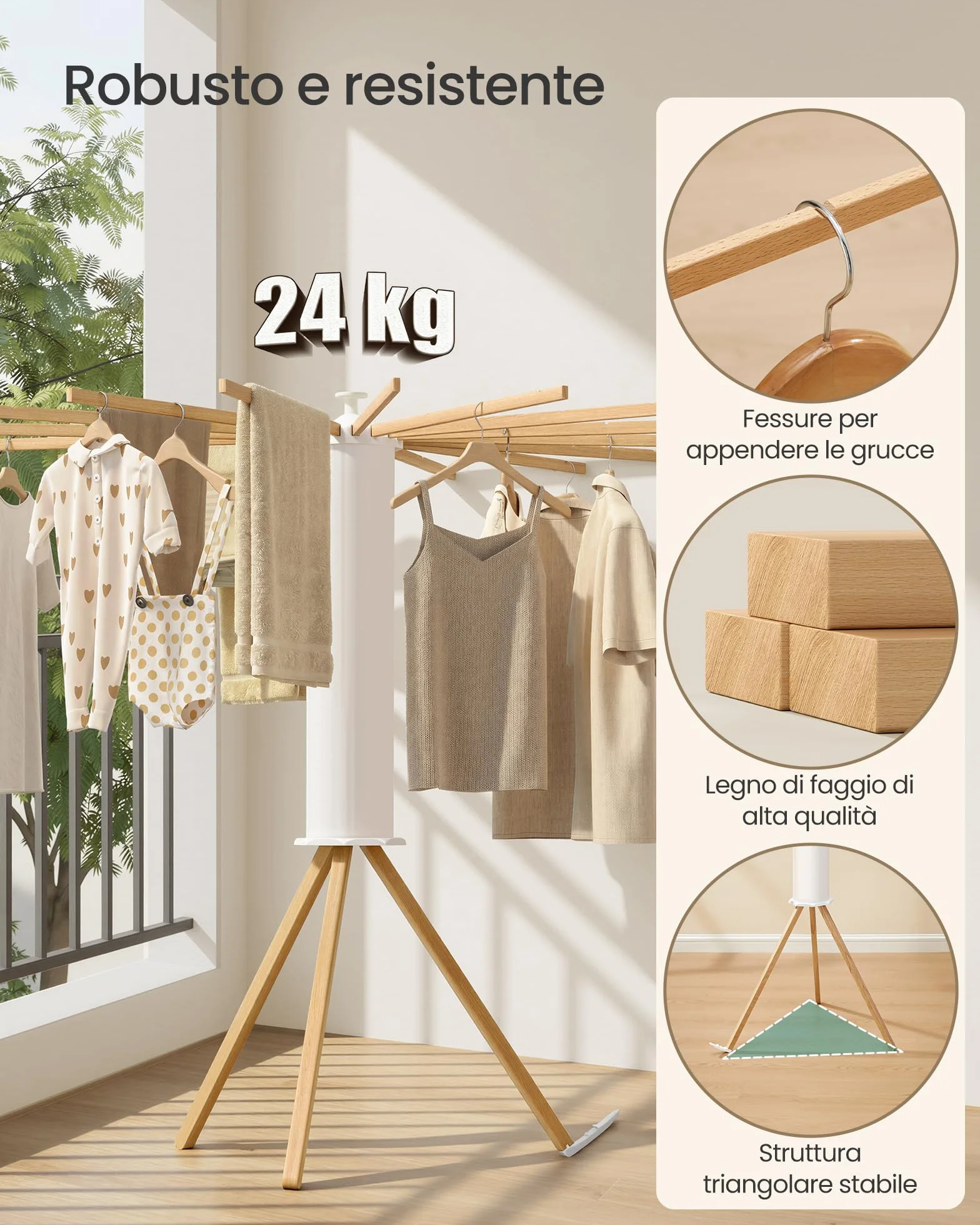 SONGMICS Stendibiancheria, Stendino Verticale, Pieghevole Portatile, Risparmia Spazio, Girevole, Estensibile, Lavanderia Balcone, 16 Bracci in Legno, Colore Naturale LLR530YW01