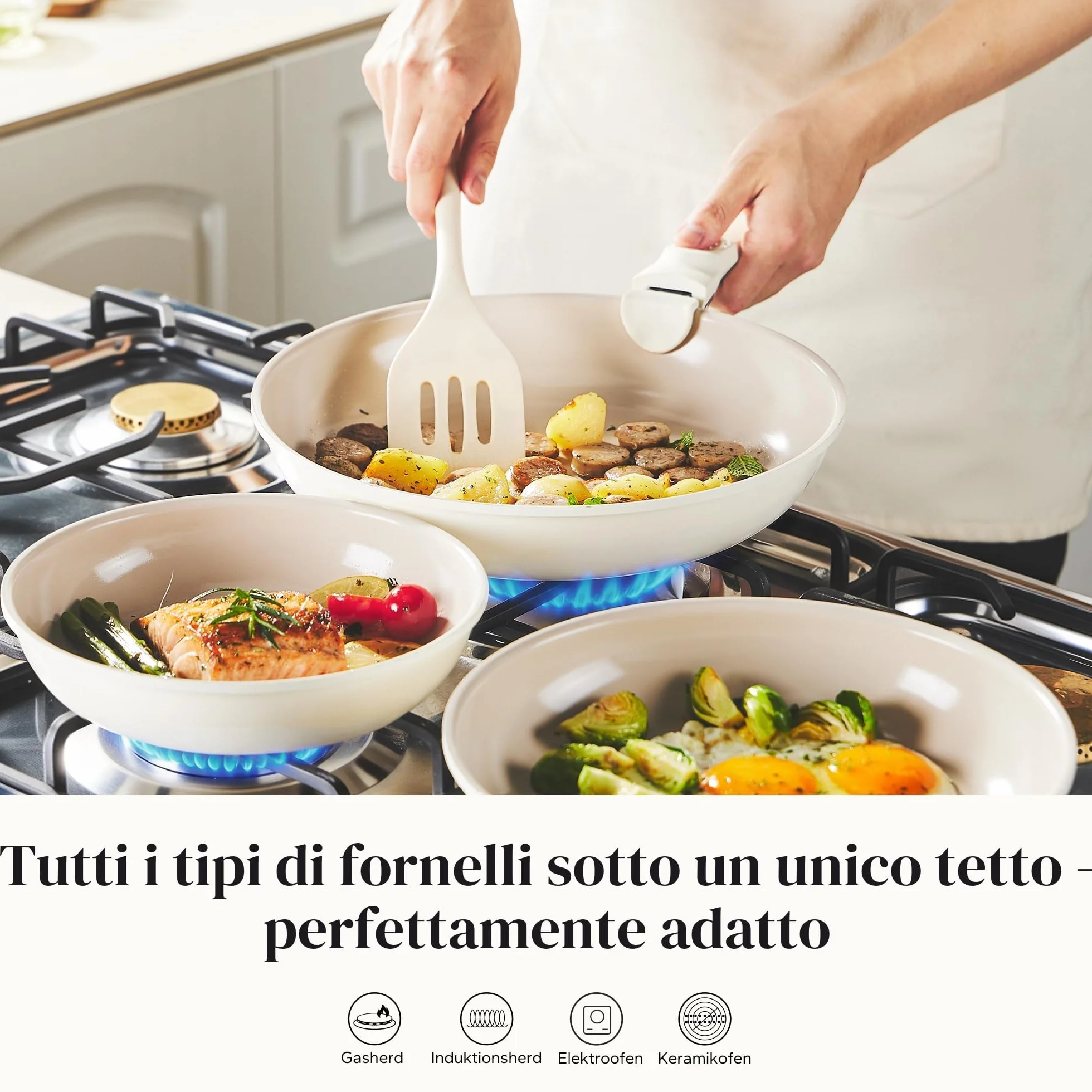Redchef Set di Padelle con Manico Rimovibile, Padella in Ceramica con Antiaderente in Granito, Adatto All’Induzione, Padella 20, 24, 28 cm, Salvaspazio, Senza Ptfe & Pfoa & Pfas, Beige