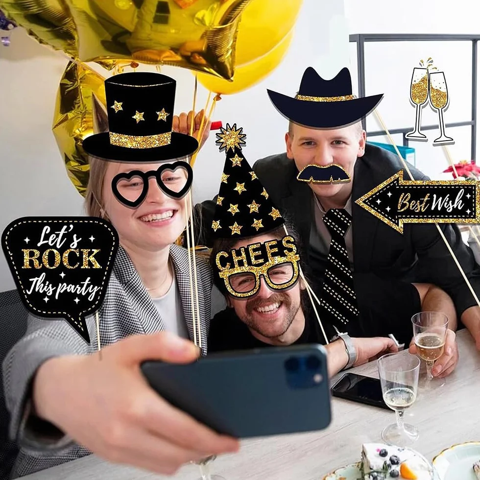 37 Pezzi Cornice per Foto Compleanno, Oro Nero Photo Booth Kit, Cornice per Selfie, Accessori Fai da Te per Festa