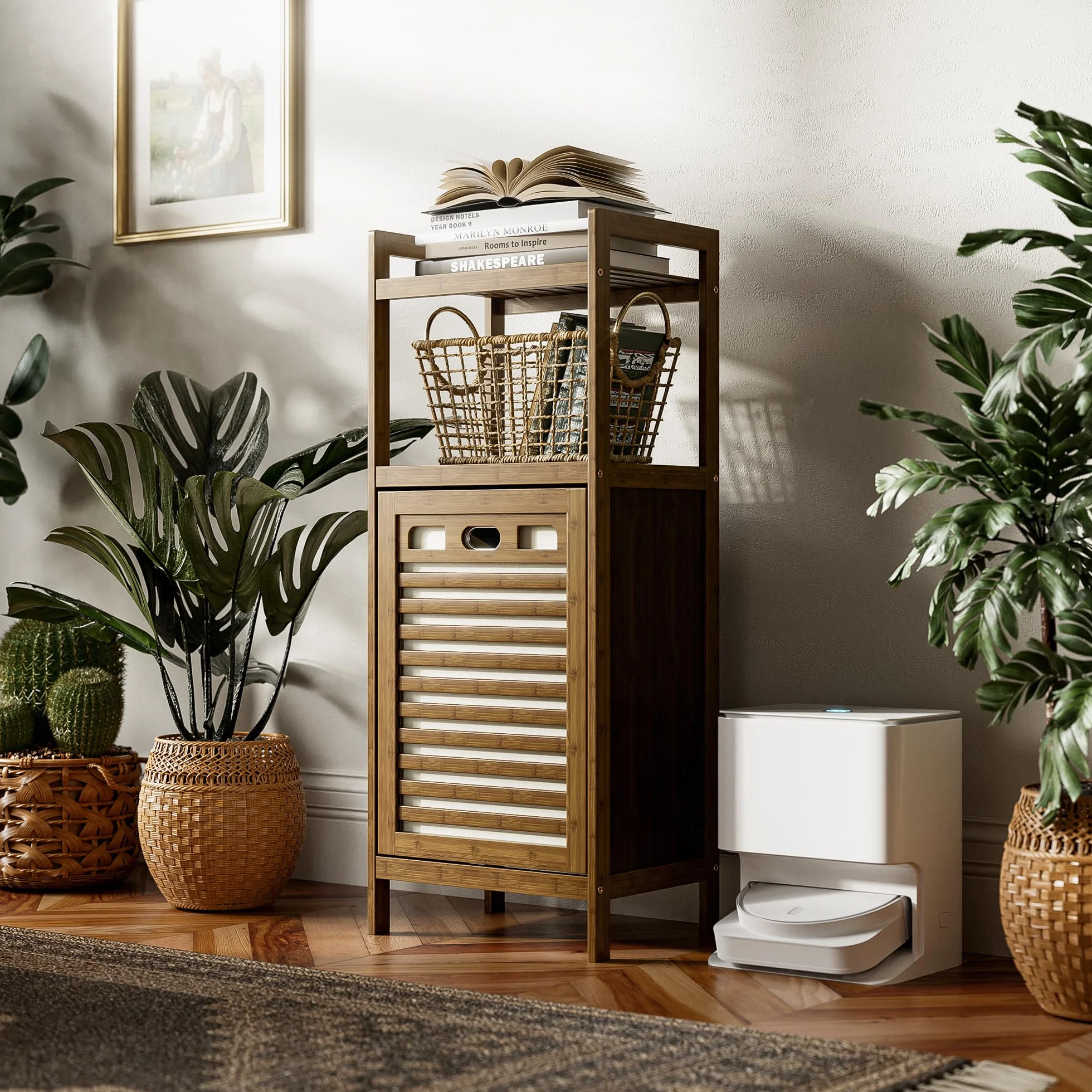 HITNET Mobile Bagno con Portabiancheria, Mobiletto Bagno da Terra in Bambù 2 Ripiani con 1 Cesto Portabiancheria, 40L Sacco Interno Rimovibile con Maniglie per Lavanderia e Camera da Letto, Noce