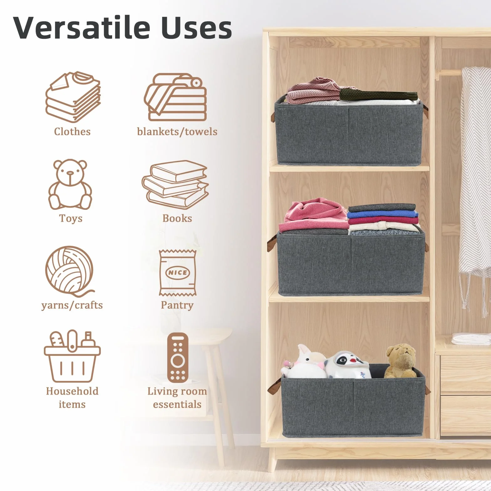 Set di 4 cestini portaoggetti pieghevoli, in tessuto, con manici, per scaffali, giocattoli e vestiti, 47 x 28 x 20 cm