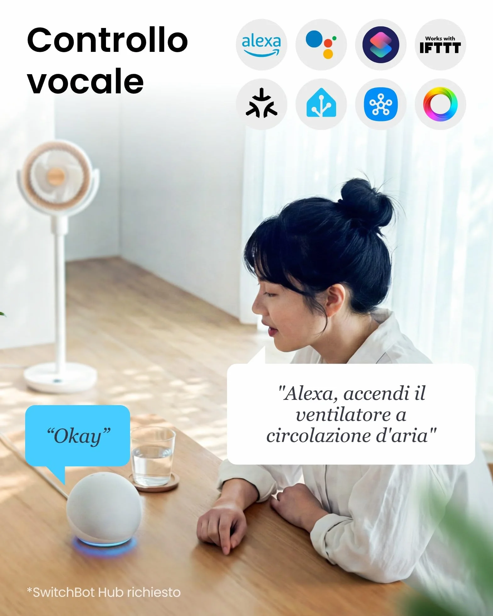 SwitchBot Ventilatore a circolazione d'aria a piantana RGB, silenzioso (22 dB) con telecomando, compatibile Matter via Hub, portata 9,15 m³/min, altezza regolabile, 4 modalità, 9 velocità, timer 9 ore