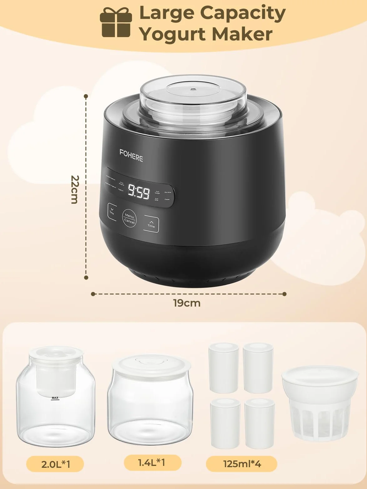 FOHERE Yogurtiera Elettrica con 2 XXL Vasetti da 2000 ml e 1400 ml, 4 * 125 ml Contenitori con Coperchio, 8 Programmi Preimpostati, Accessori per Yogurt Greco, Timer Digitale, 100% BPA Free