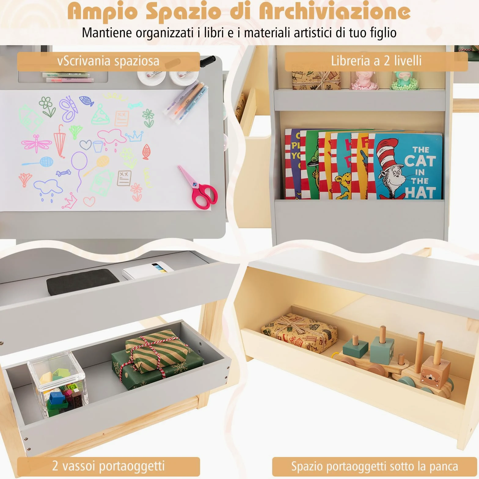 RELAX4LIFE Set Tavolo con Sedie 3 in 1, Cavalletto Regolabile/Scaffale/Scrivania/Lavagna Bianca/Lavagna Nera/Libreria con Tazze,Pennarelli,Gomma, Gessetti,114x81x100 cm (GRIGIO)