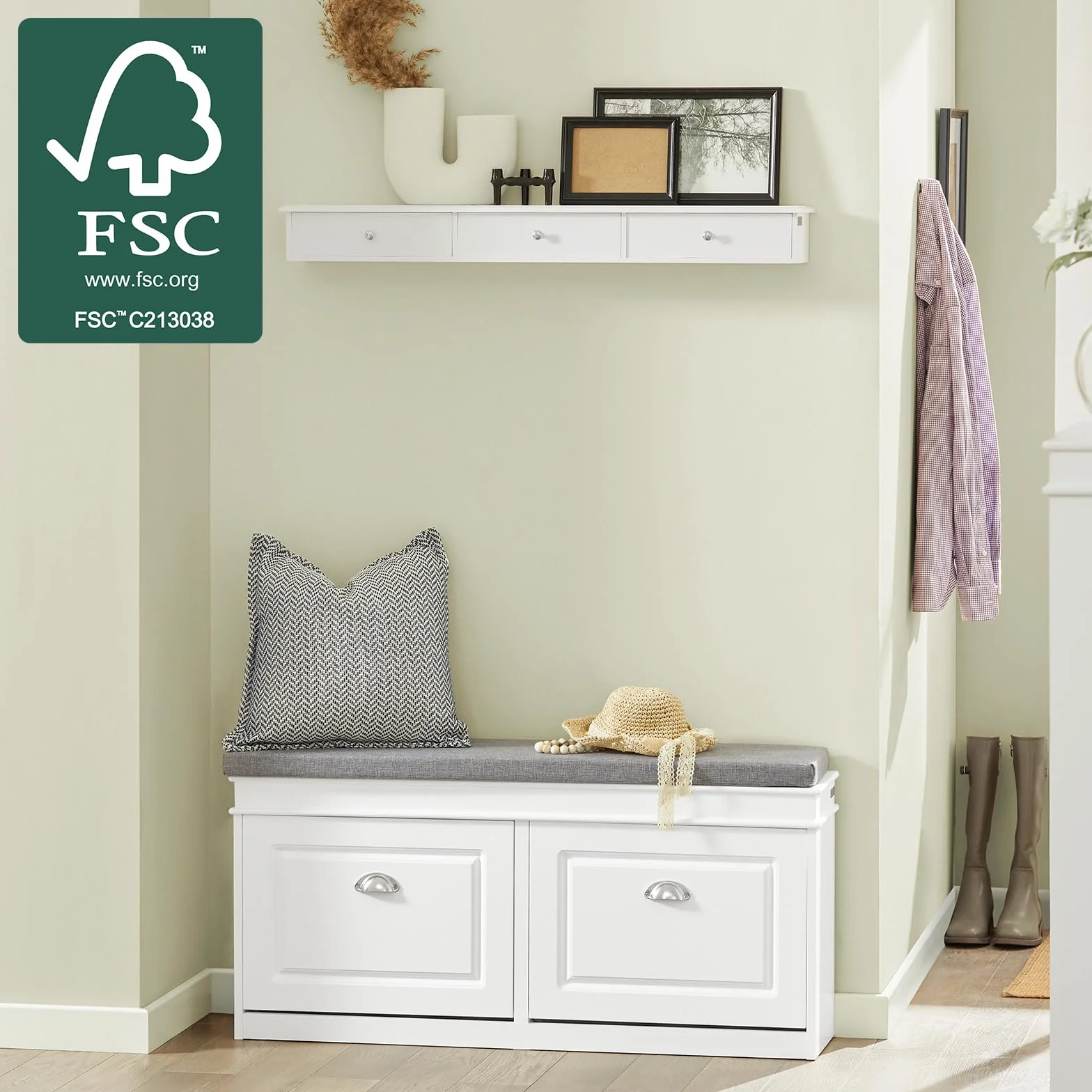 SoBuy Scarpiera Salvaspazio Slim da Ingresso Panca Contenitore con Cuscino, L104xP24xA52cm, Bianco, FSR64-W