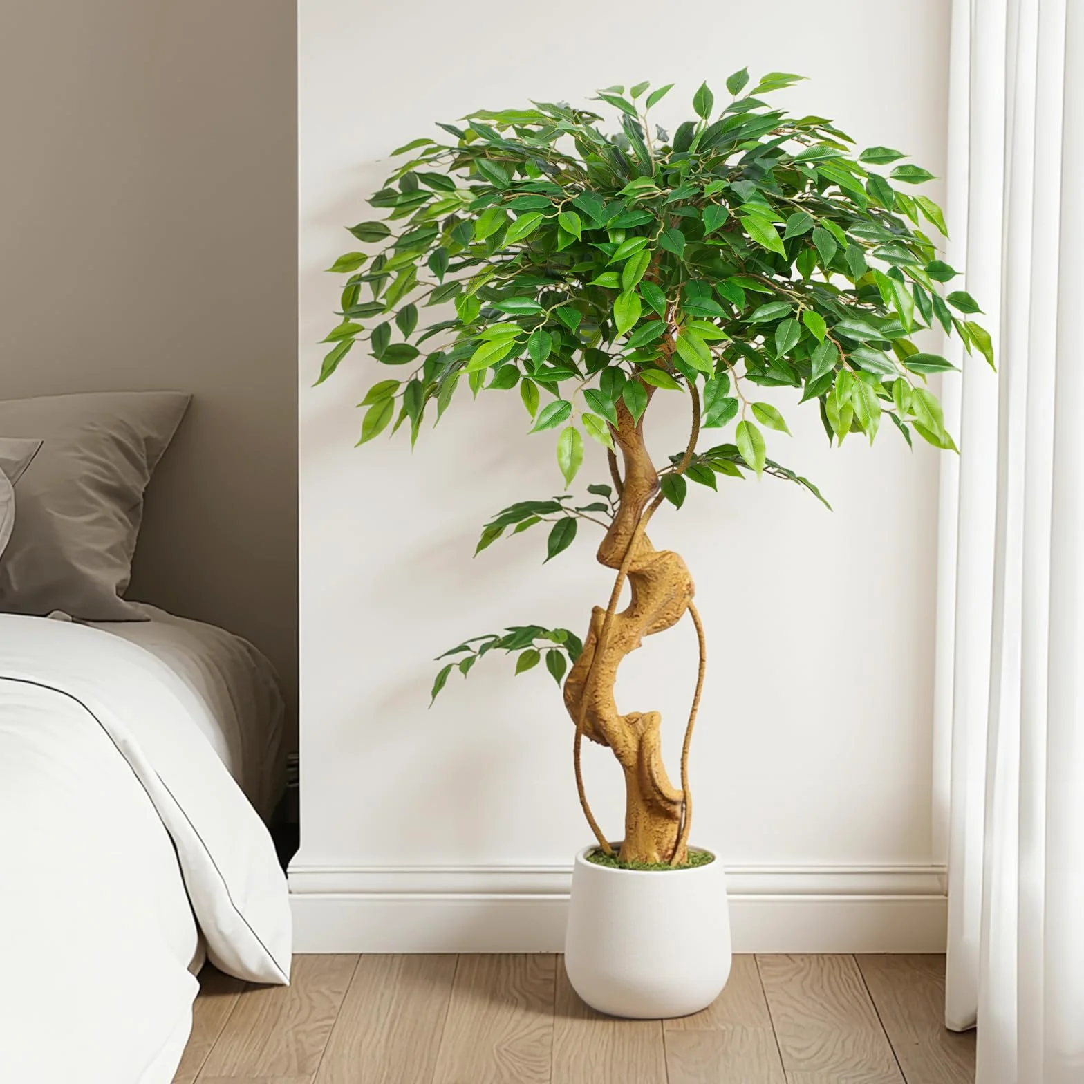 Pianta artificiale, albero di ficus, 120 cm, con vaso bianco, grande come reale, con tronco curvo e 930 foglie, albero artificiale per decorazione di interni, soggiorno, camera da letto