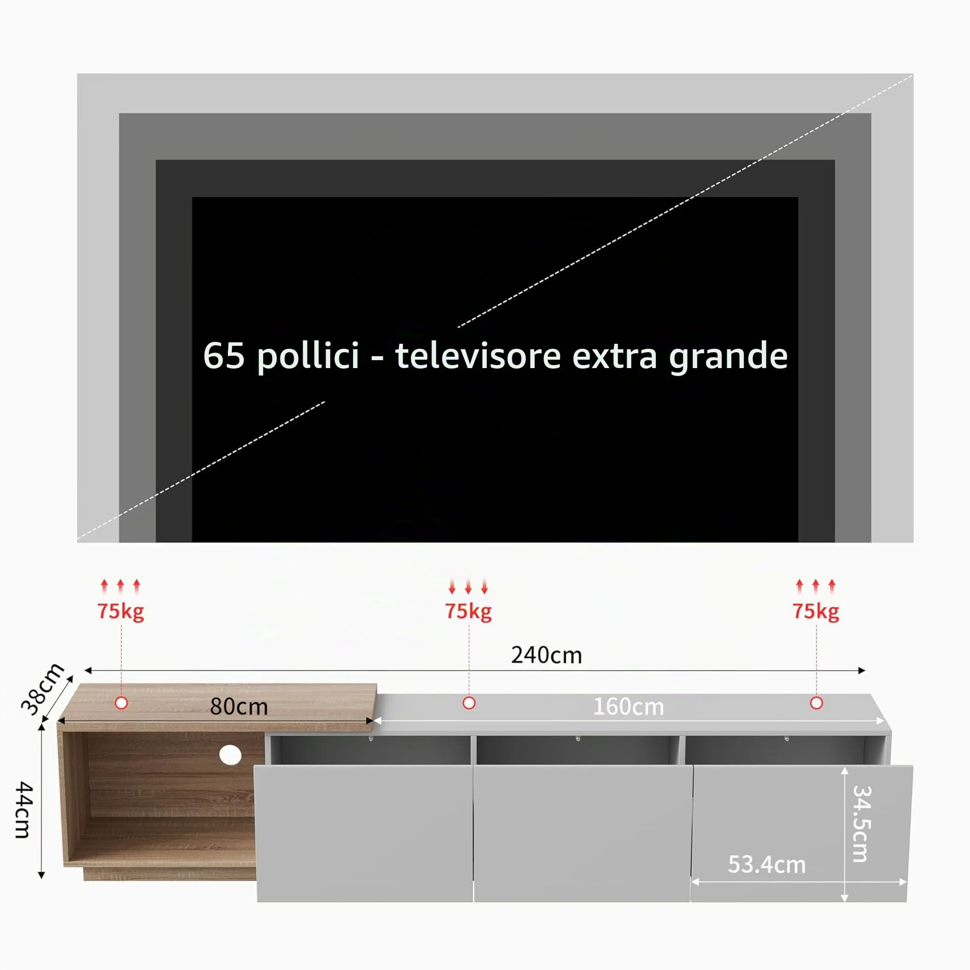 BRILVERDE Credenza TV Regolabile Moderna 163-240 cm, Bianco con Luci LED, 3 Cassetti - Mobile Soggiorno a Bassa Altezza, Finitura Lucida Effetto Legn (Bianco)