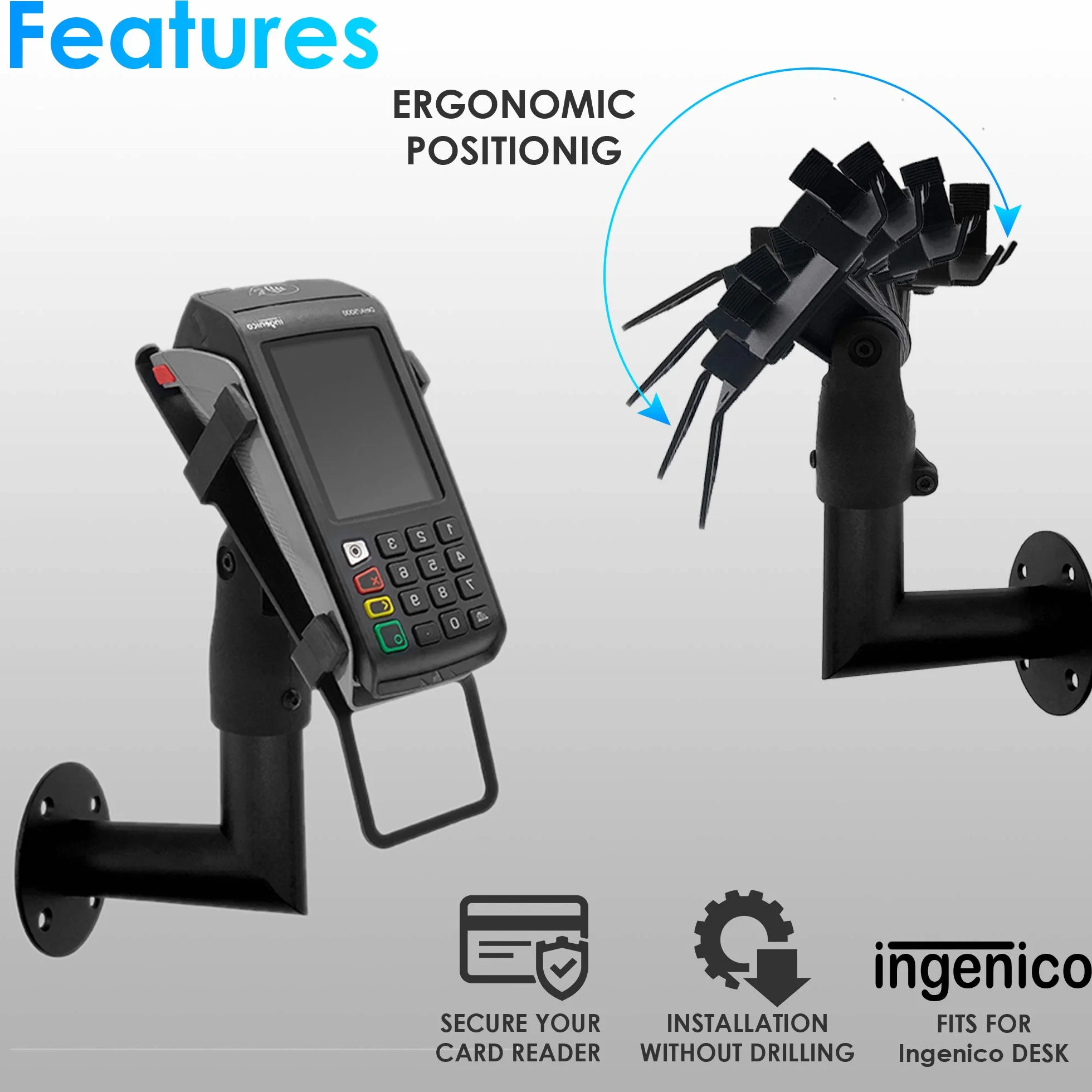 Supporto Ergonomico per Terminale di Pagamento POS da Muro Ingenico DESK 3200/3500/5000 - Stand POS Bancomat con Maniglia, Rotazione 180° e Inclinazione 45°, Installazione a Parete