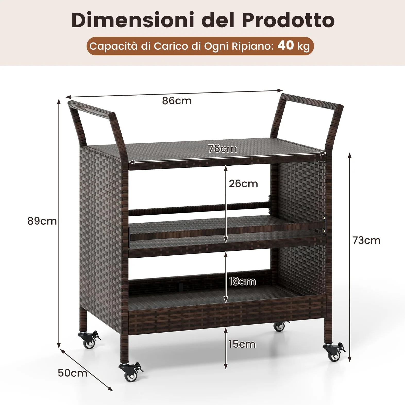 COSTWAY Carrello da Bar da Esterno, Mensola di Stoccaggio in Vimini con 3 Livelli Ruote e Maniglie Laterali, Tavolino da Servizio per Giardino Bordo Piscina Veranda, 86 x 50 x 89 cm