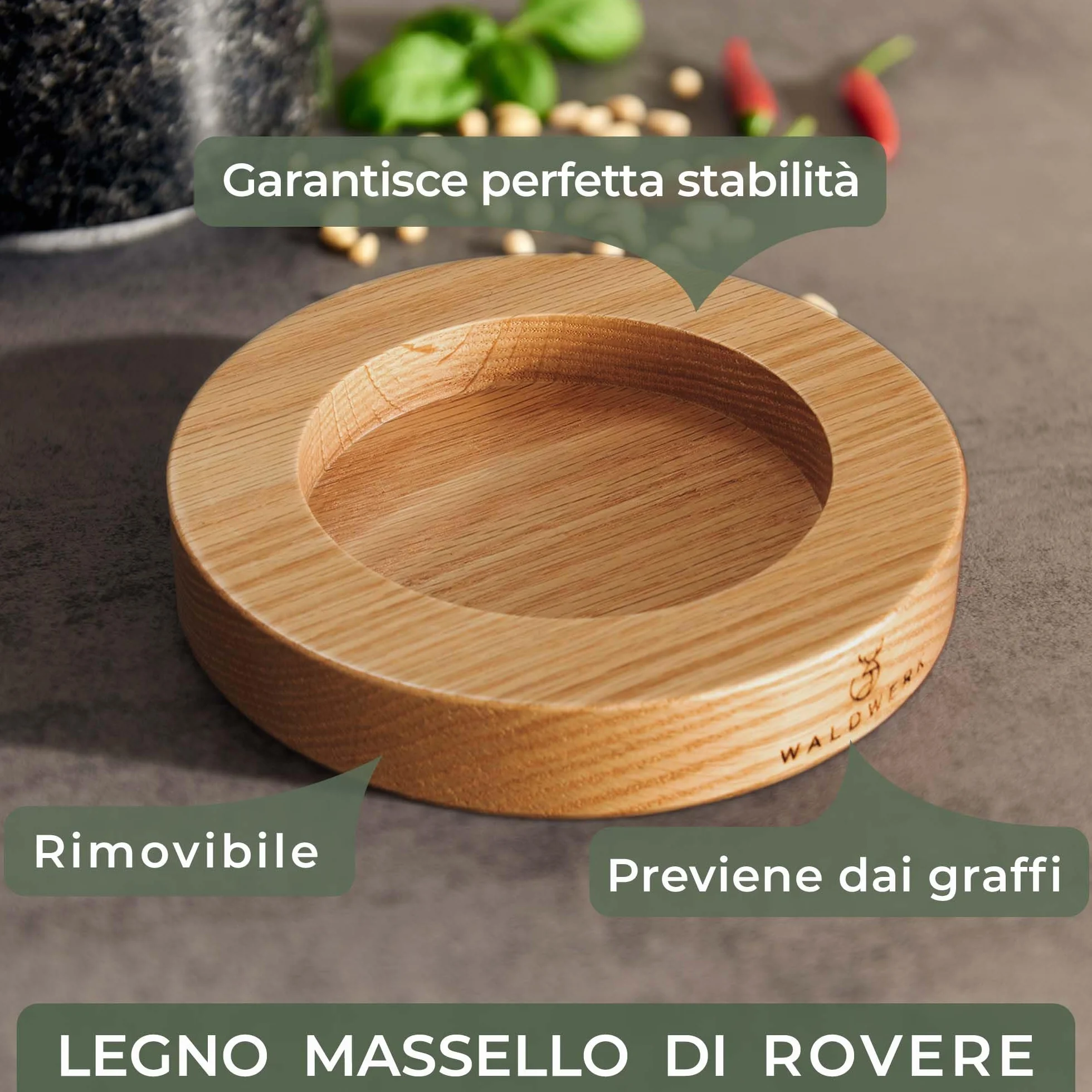 WALDWERK Mortaio con pestello (diametro 12 cm) - Mortaio su una base elegante e stabile in legno di acacia - Mortaio con pestello in granito naturale
