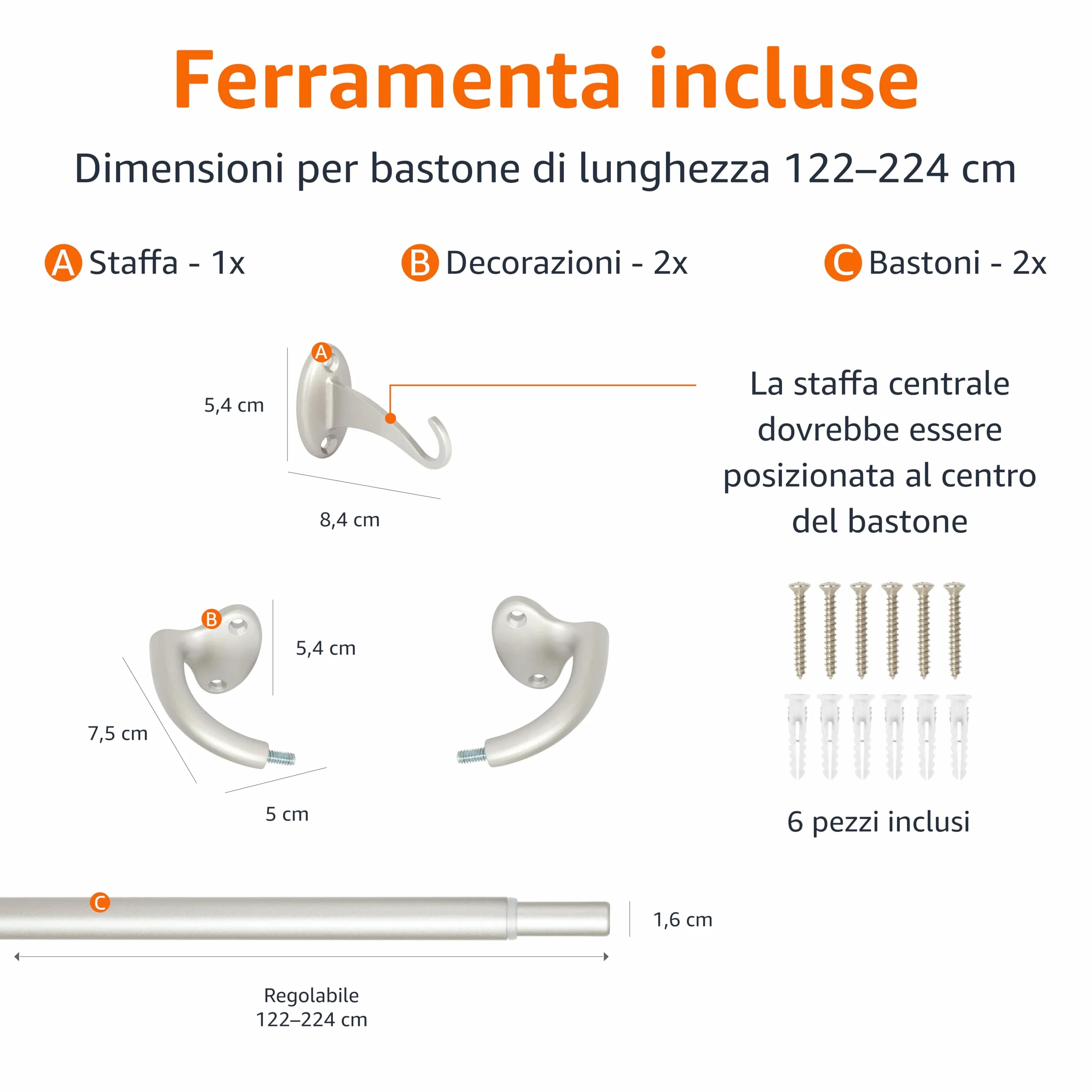 Amazon Basics Bastone per tenda estensibile per interni, asta curva, 122-224 cm, nichel