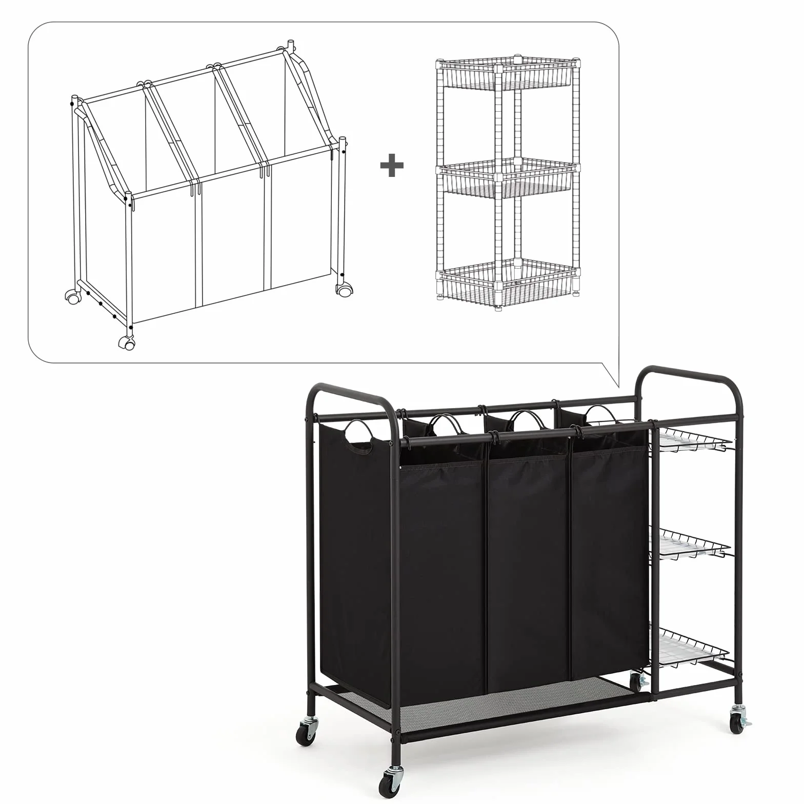 Meerveil Carrello Porta Biancheria con 3 Sacchi Rimovibili, Ceste per Bucato con Rotelle Universali