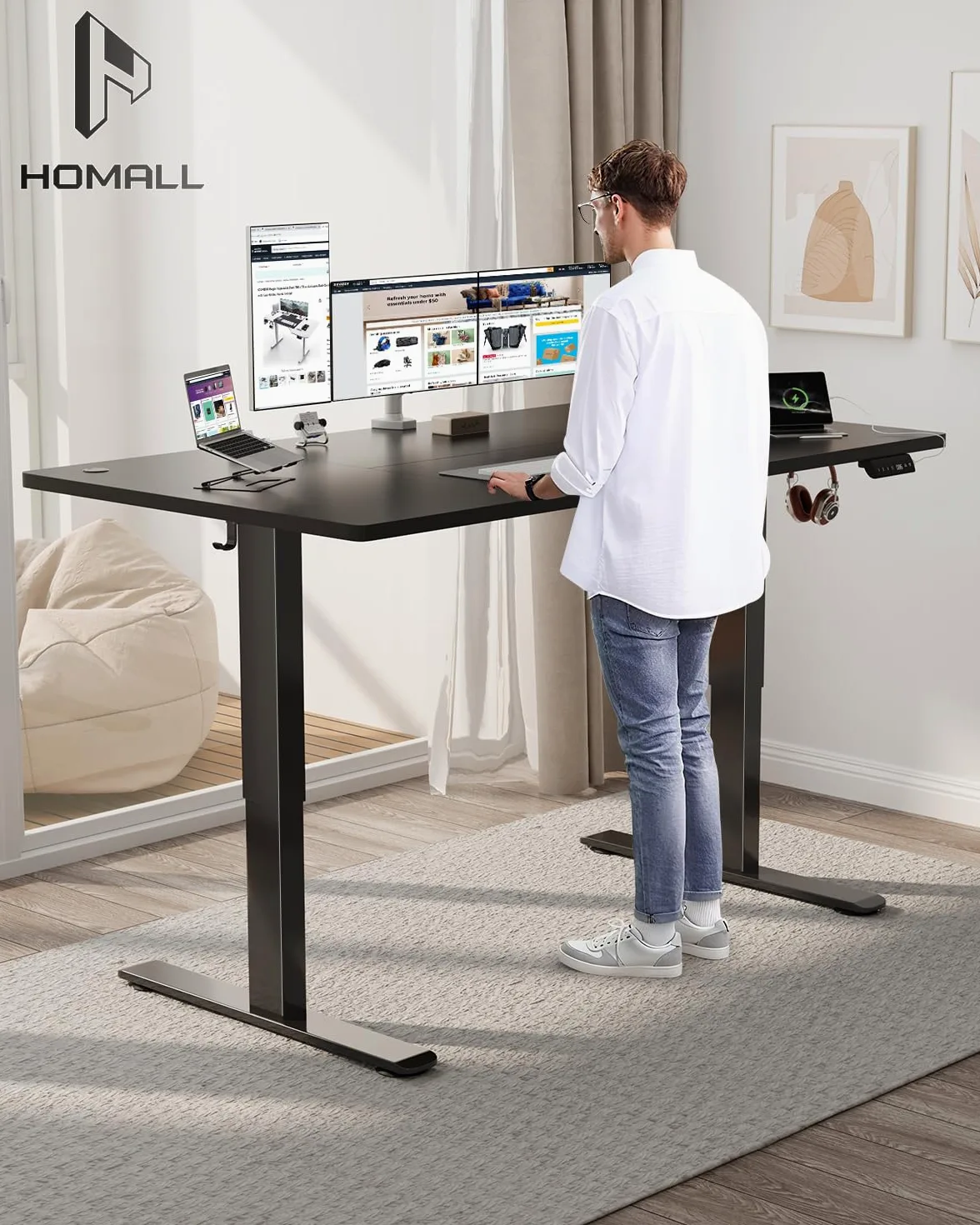 Homall Scrivania elettrica regolabile in altezza, 160 x 80 cm, due supporti telescopici estendibili, con piano diviso in quattro parti, scrivania per computer con funzione memoria