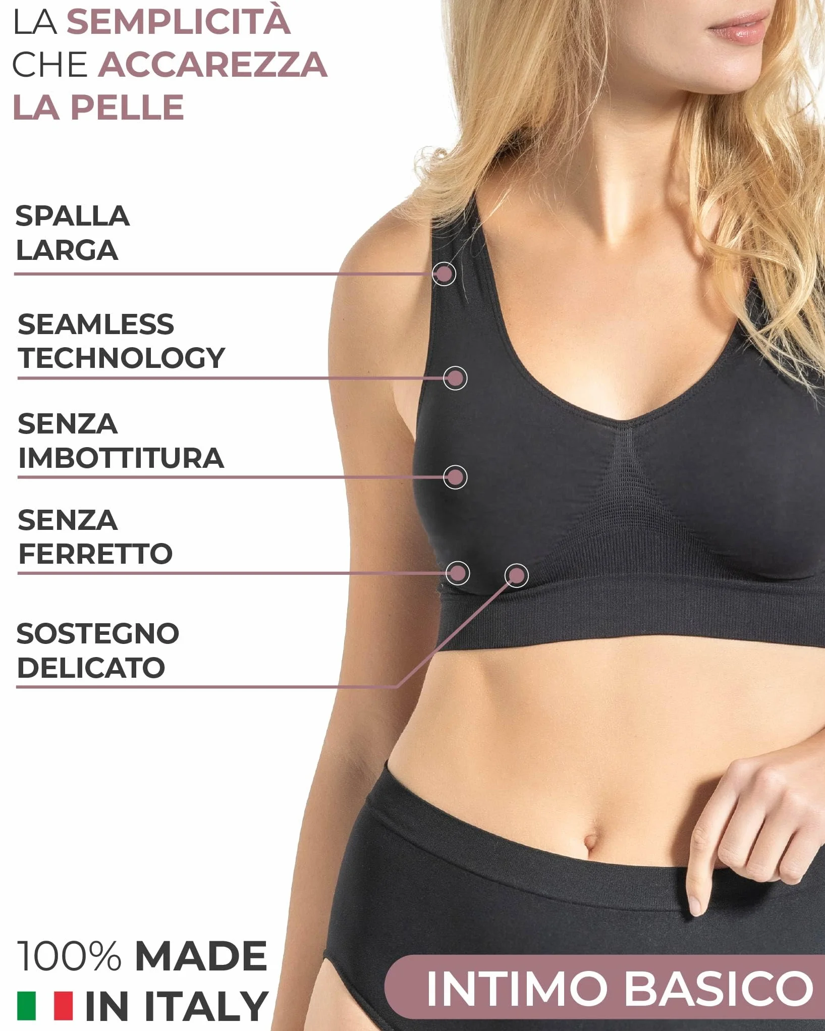 Risalti Reggiseno Senza Ferretto Spalla Larga 3 pz - Bralette Donna Senza Cuciture ed Etichette, Reggiseno Donna in Microfibra Elasticizzata, Brassiere, Top Morbido, Intimo - Made in Italy