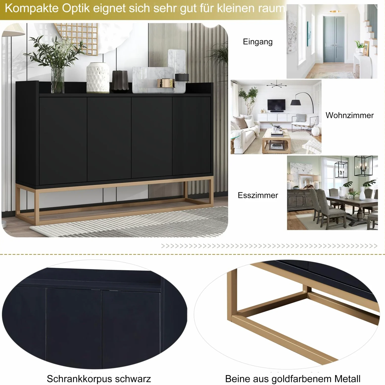 Credenza 120 cm, madie moderne soggiorno con 4 ante, buffet mobile cucina con ripiano regolabile e gambe in metallo, per cucina, soggiorno, sala da pranzo, ingresso (nero, 120 x 30 x 80 cm)
