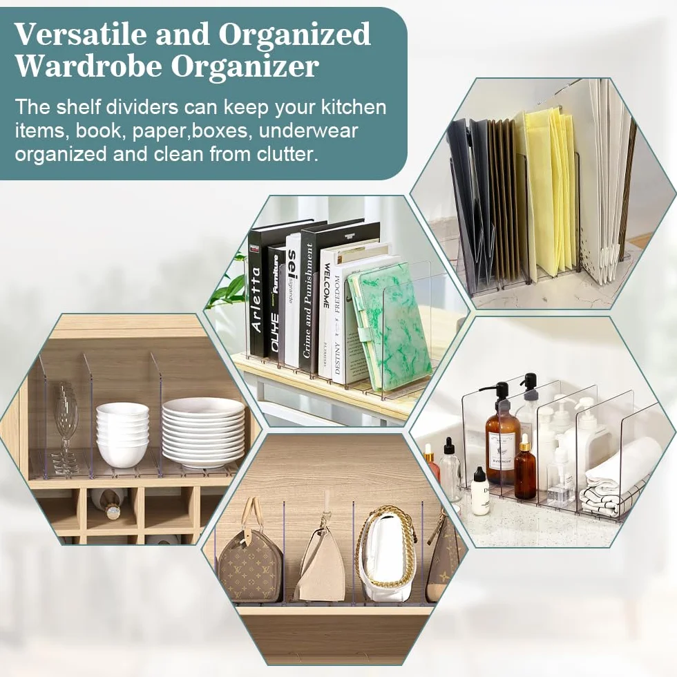 ADERTOS 5 Pezzi Divisori per Mensole in Plastica, Separatori per Armadi Regolabili Divisori per Mensole Staccabili Separatori per Guardaroba Trasparente Divisori per Borse, Vestiti, Scarpe, con Base