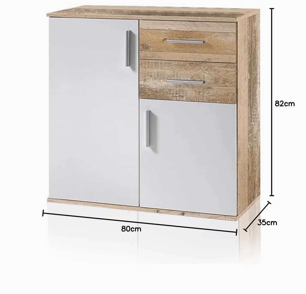 BAKAJI Mobile Madia con 2 Cassetti Doppia Anta e 2 Ripiani Interni Mobiletto Credenza Armadio Multiuso Cucina Bagno Ufficio Design Moderno Dimensioni 82x35x80cm (Bianco e quercia effetto legno)