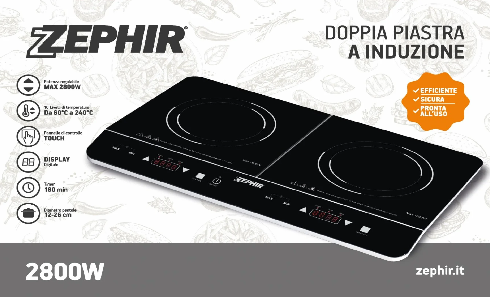 Zephir, Doppia Piastra a Induzione Portatile Potenza Max 2800W, 10 Livelli di Temperatura e di Potenza, Piastre in Vetro Temperato per Pentole Diametro 12-26 cm, Timer 180 Minuti (Doppia)