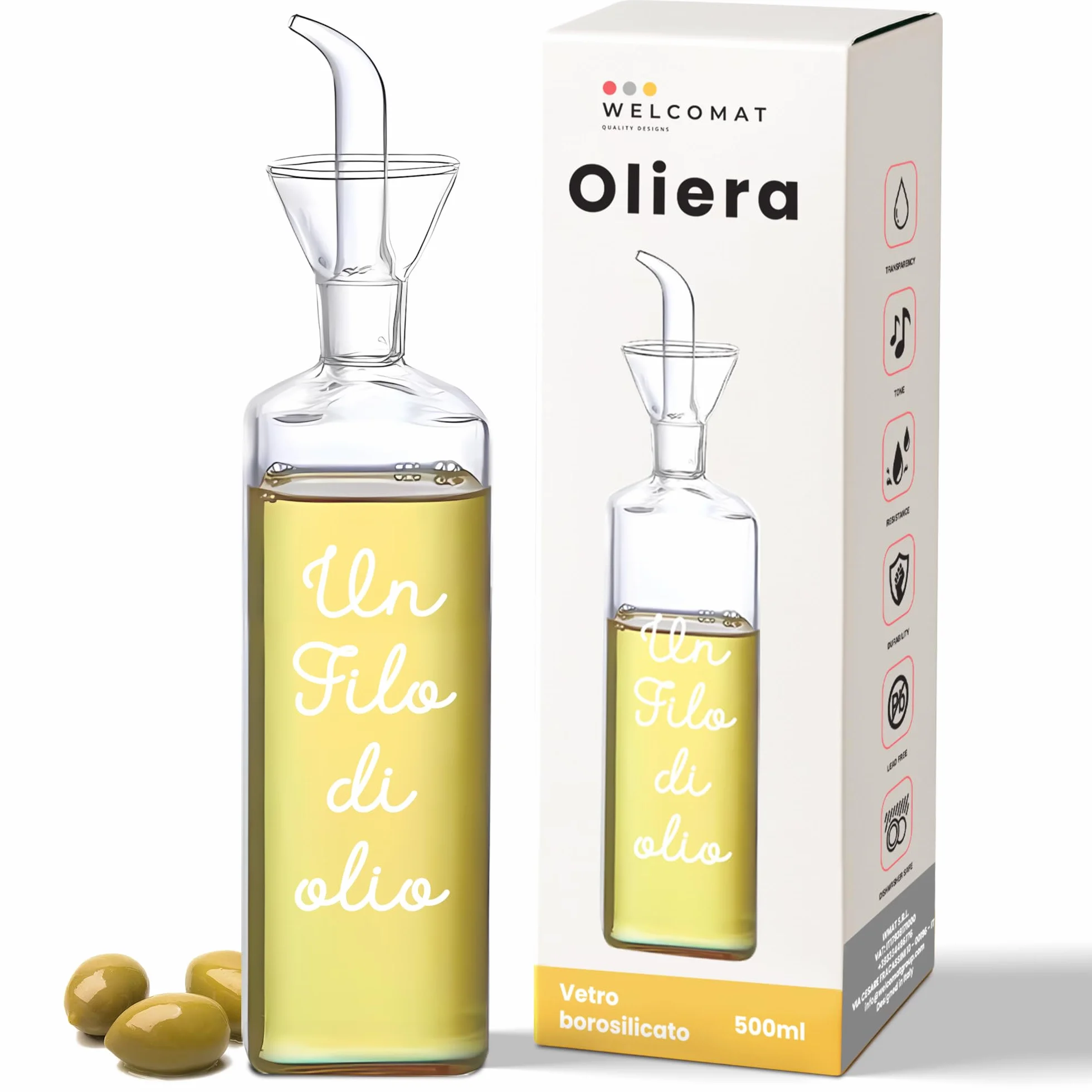 WELCOMAT Oliera Salvagoccia Da Tavola Un Filo D'Olio In Vetro 500ml 0,5 litri Con Dosatore