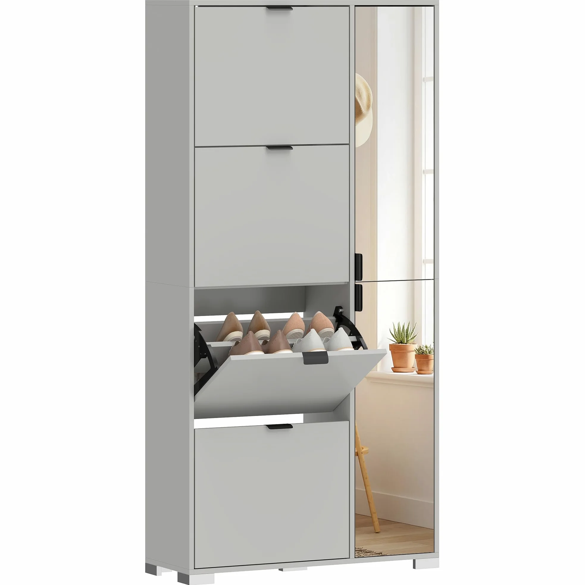 HOMCOM Scarpiera Salvaspazio Slim Alta con 2 Ante a Specchio e 4 Ante a Ribalta, Scarpiera Ingresso con Ripiani Regolabili, 2 Armadietti, 5 Gambe, Porta Scarpe per 16 Paia, 82x30x168 cm, Grigio