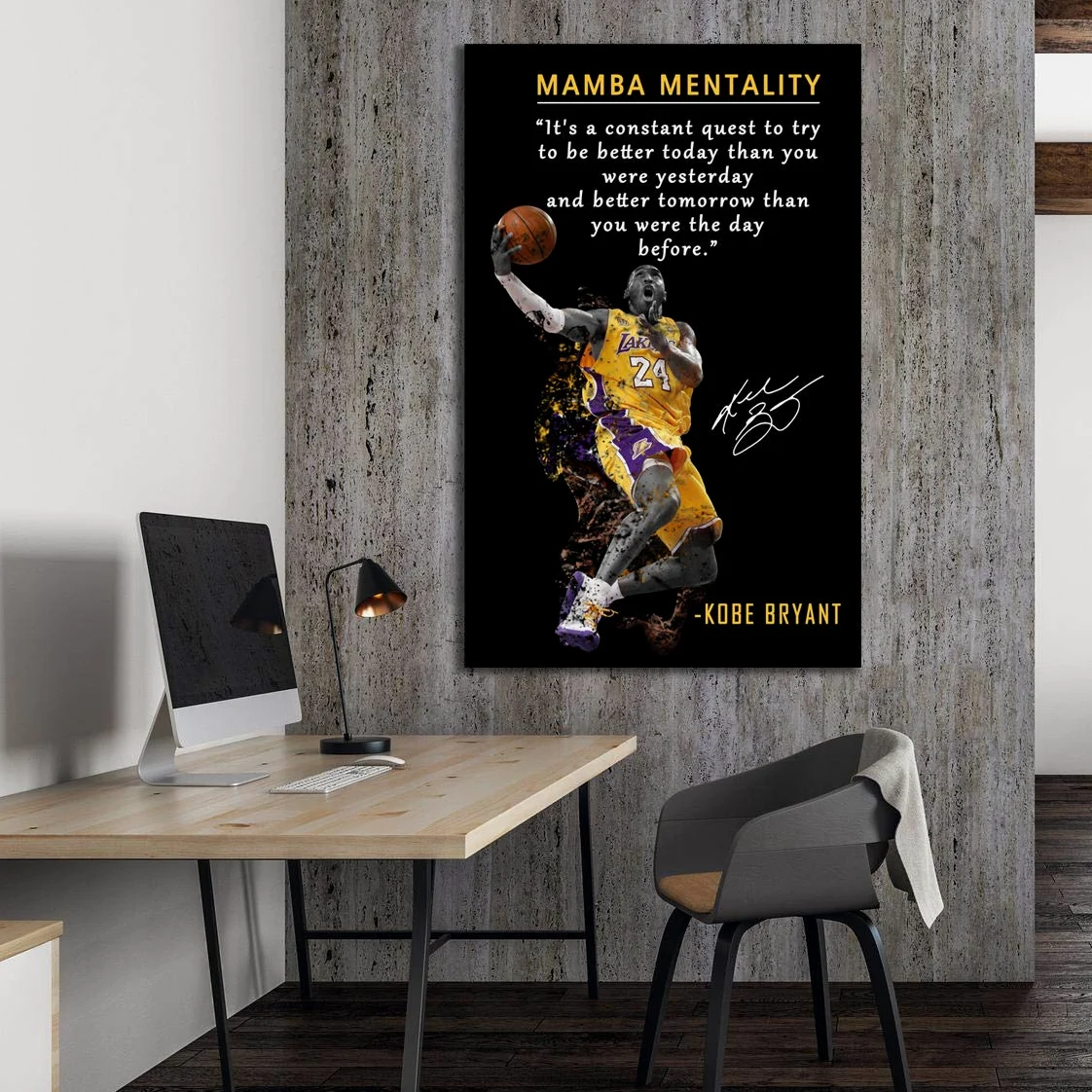 Poster motivazionale di Kobe Bryant • Mamba Mentality Citazione artistica da parete su tela • Pallacanestro Sport Home Decor • Opere motivazionali per casa, ufficio, palestra, decorazione da parete