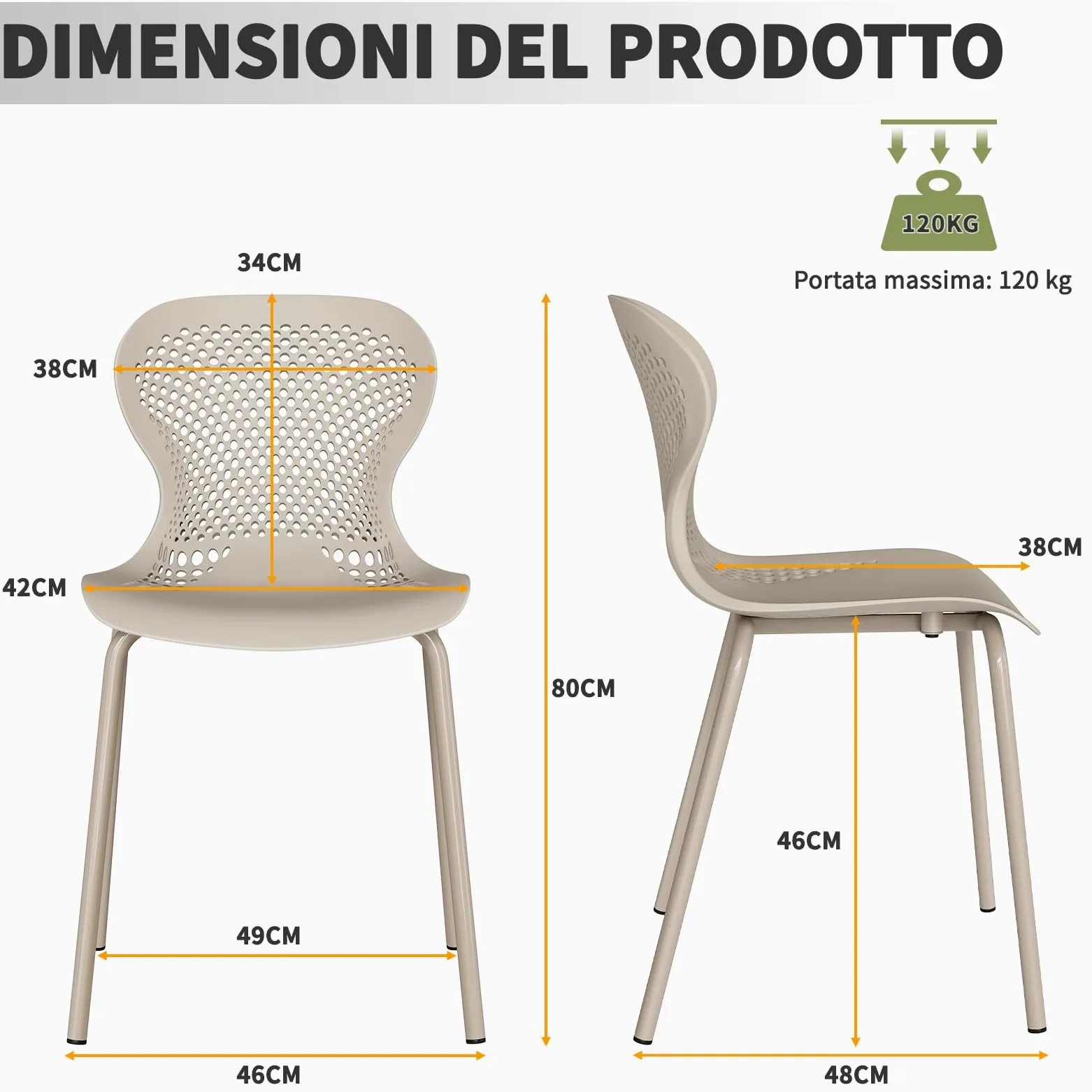 JIJIAN Set di 6 Sedie Sala da Pranzo Impilabili, Sedia da Cucina con Gambe in Metallo, Sedie da Giardino in Plastica, per Sala da Pranzo, Soggiorno, Giardino, Balcone e Terrazza, Cachi