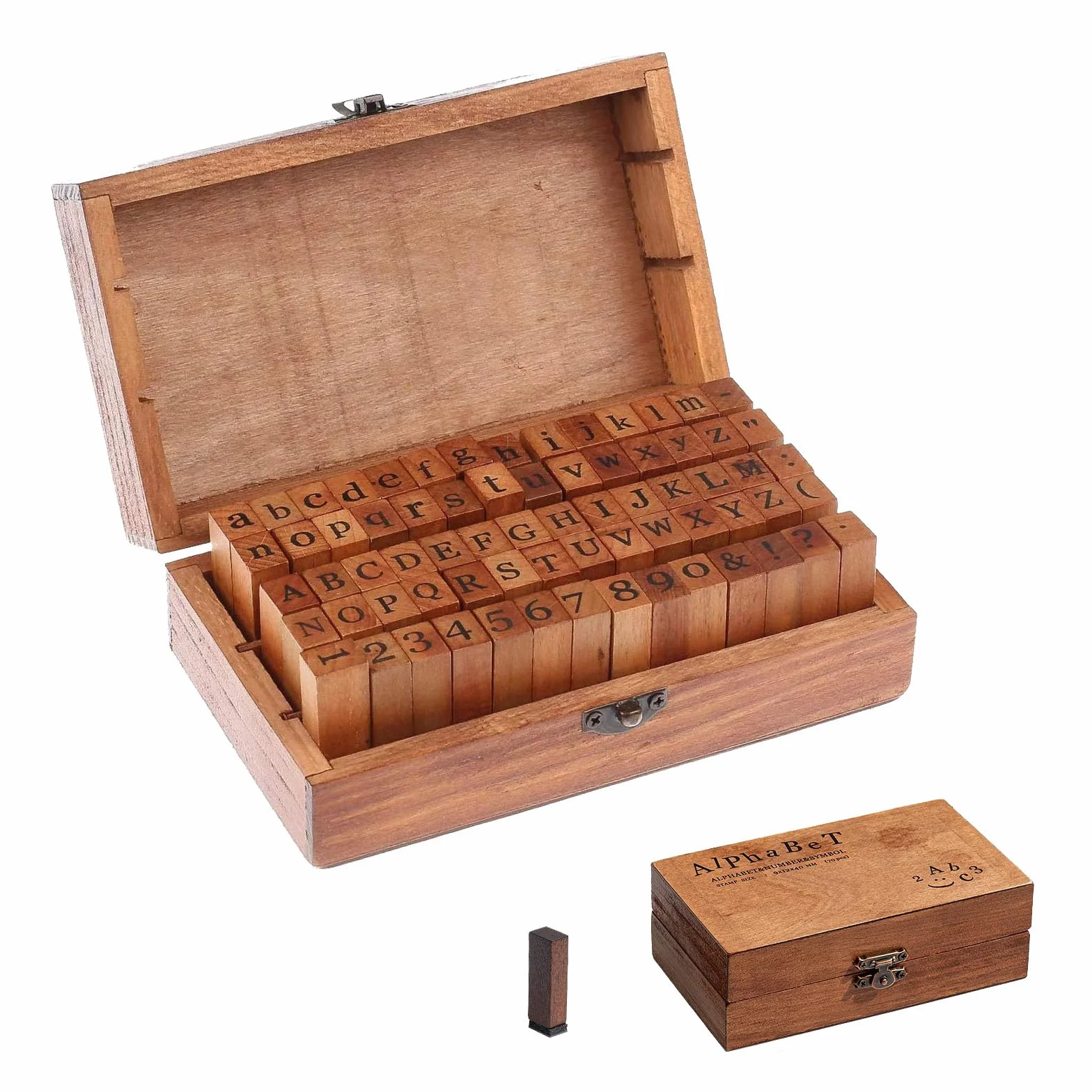 70 Pezzi Timbri Alfabeto Gomma di Legno Lettere Francobolli Ambientale Simboli Timbri con Scatola Legno Vintage per Creare Cartoline